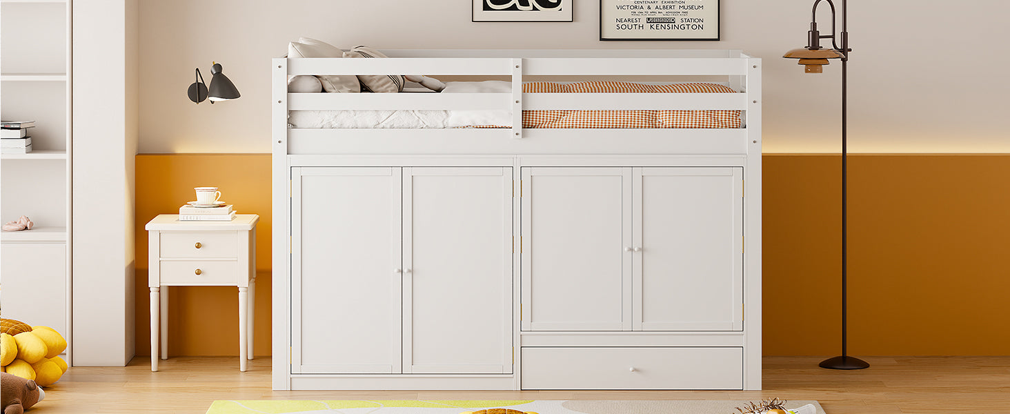 Twin size Loft Bed with Drawer, Two Wardrobes and Mirror, White - Atlantic Fine Furniture Melbourne FL