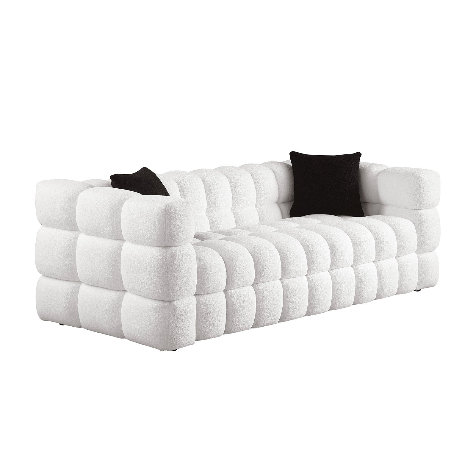 84.3 length ,35.83" deepth ,human body structure for USA people, marshmallow sofa,boucle sofa ,White color,3 seater