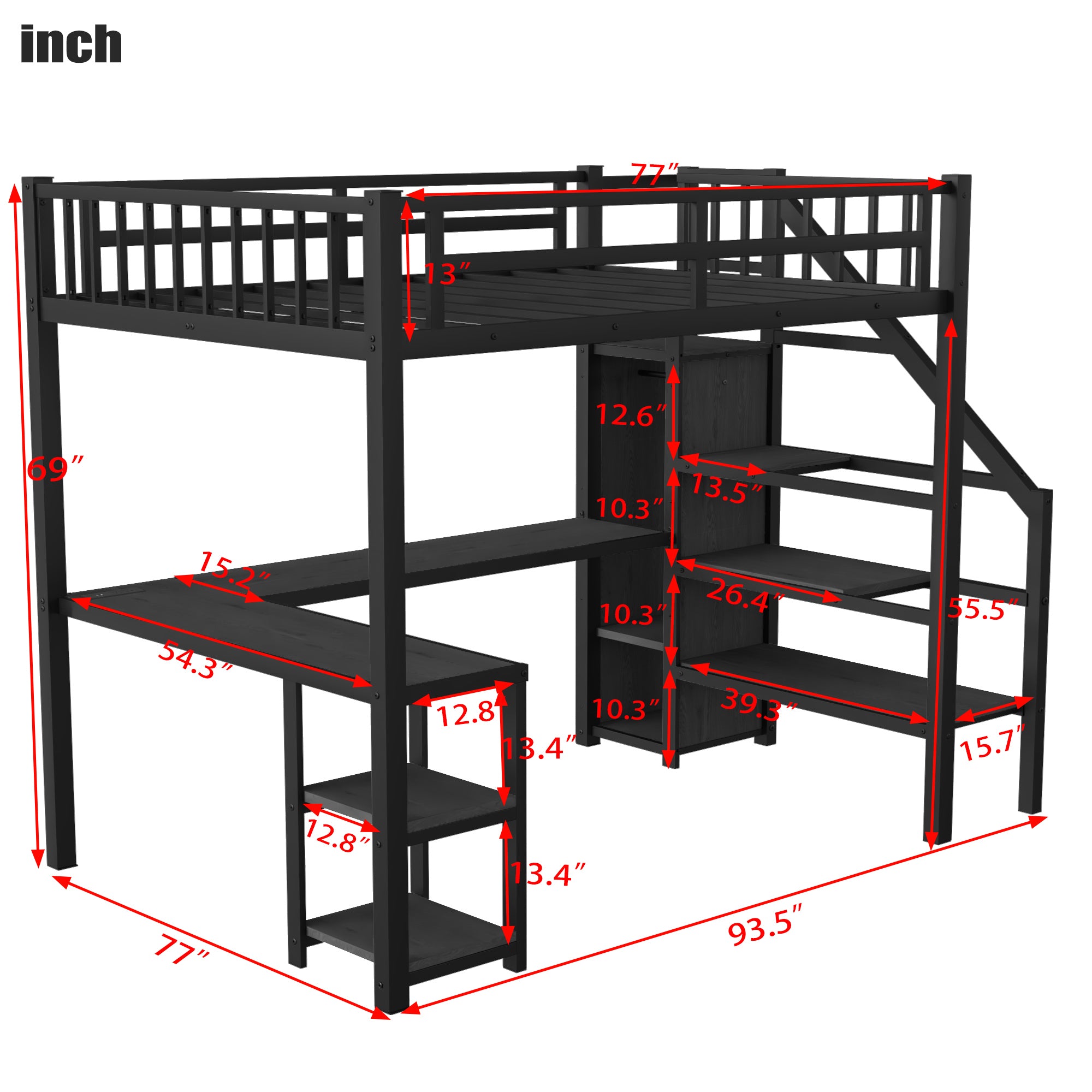 Metal Full Loft Bed with Wardrobe and LED Light, Full Size Loft Bed with L Shaped Desk and USB for Kids Teens Adults, Black (Expect arrival date 2024/5/19)