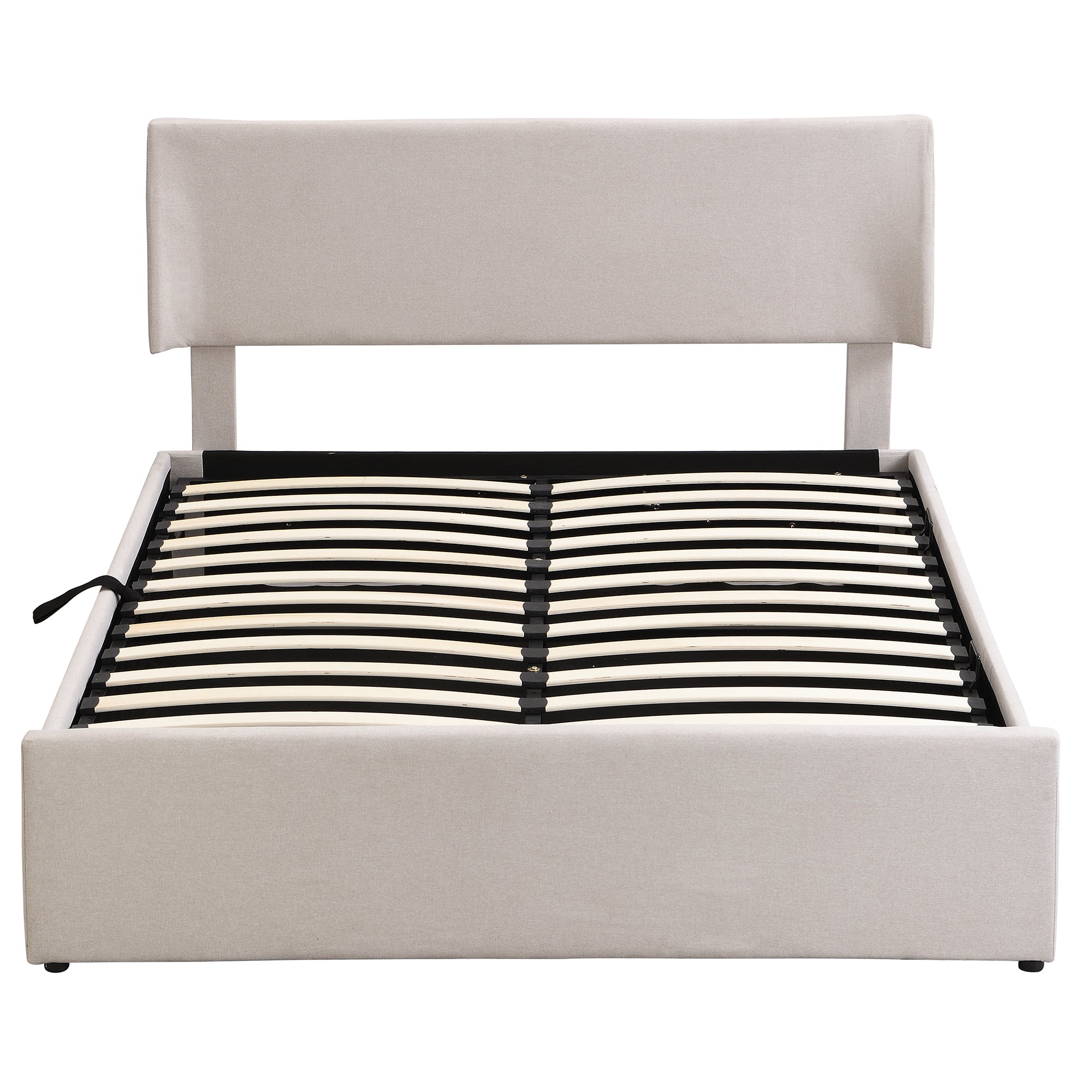Queen Size Sleigh Bed with Side-Tilt Hydraulic Storage System, Linen Upholstery, Beige - Atlantic Fine Furniture Melbourne FL