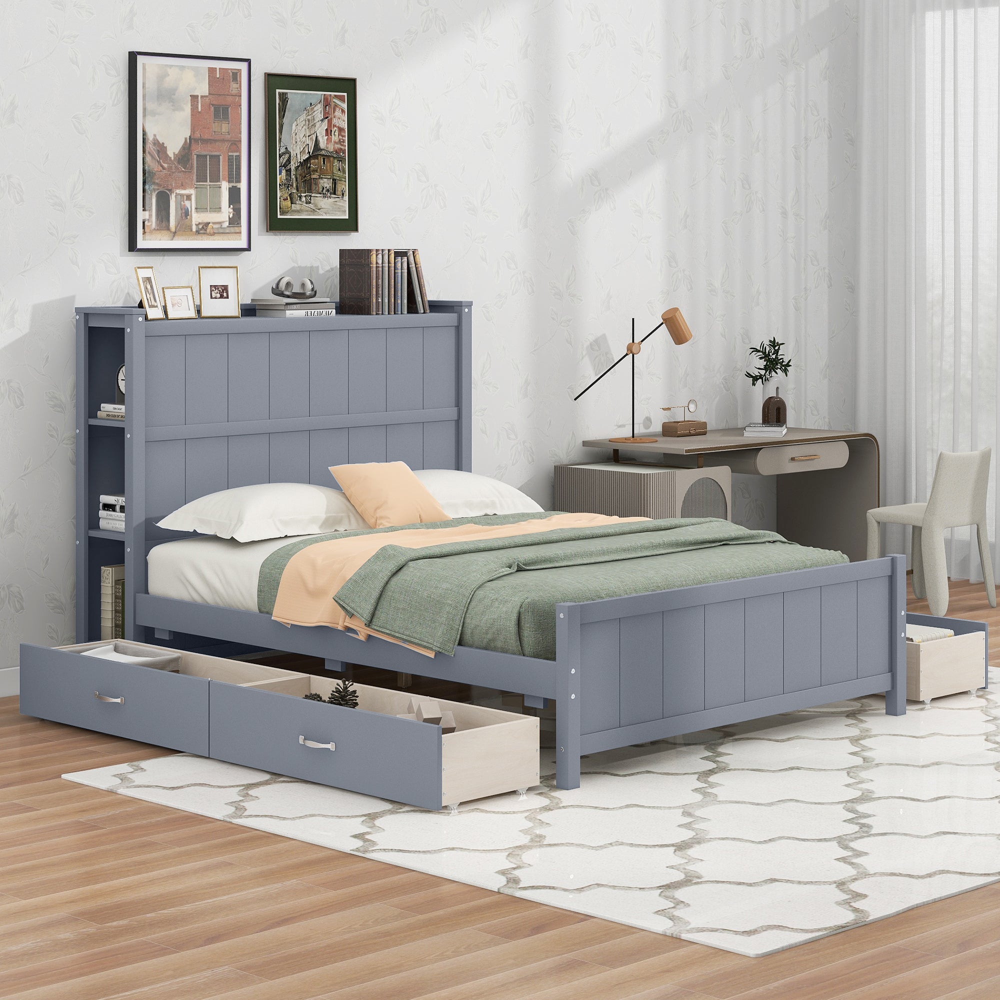Full Size Platform Bed with Drawers and Storage Shelves, Gray - Atlantic Fine Furniture Melbourne FL