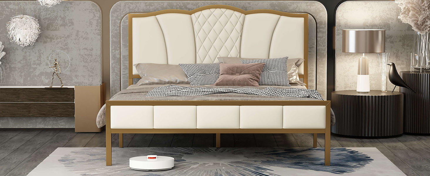 Queen Size Bed Frame, Modern Upholstered Bed Frame with Tufted Headboard, Golden Metal Platform Bed Frame with Wood Slat Support, Noise Free, No Box Spring Needed,Beige - Atlantic Fine Furniture Melbourne FL