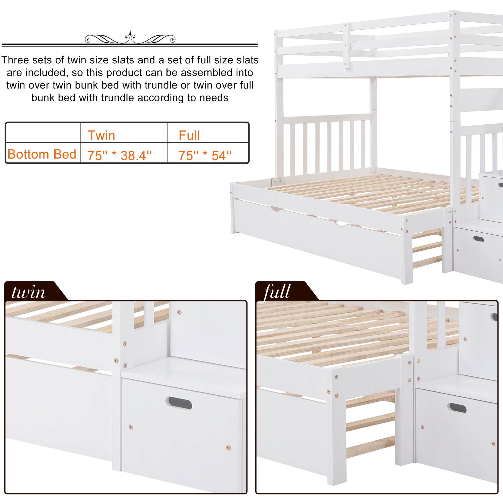 Twin over Twin/Full Bunk Bed with Twin Size Trundle (White)(OLD SKU :LP000025AAK) - Atlantic Fine Furniture Melbourne FL