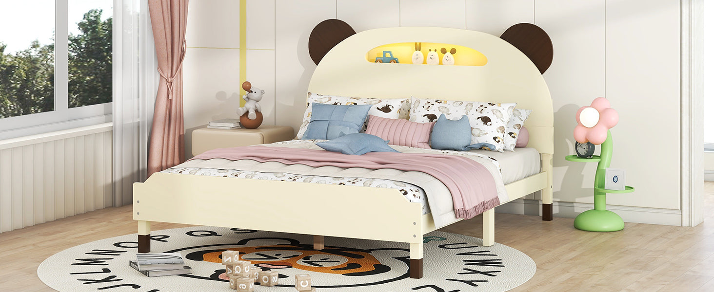 Full Size Wood Platform Bed with Bear-shaped Headboard,Bed with Motion Activated Night Lights,Cream+Walnut - Atlantic Fine Furniture Melbourne FL