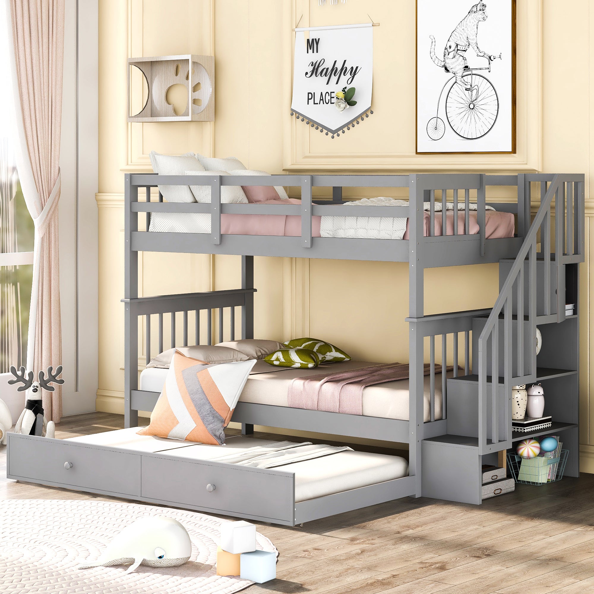 Stairway Twin-Over-Twin Bunk Bed with Twin size Trundle for Bedroom, Dorm, Adults, Gray( old sku: LP000209AAE ) - Atlantic Fine Furniture Melbourne FL