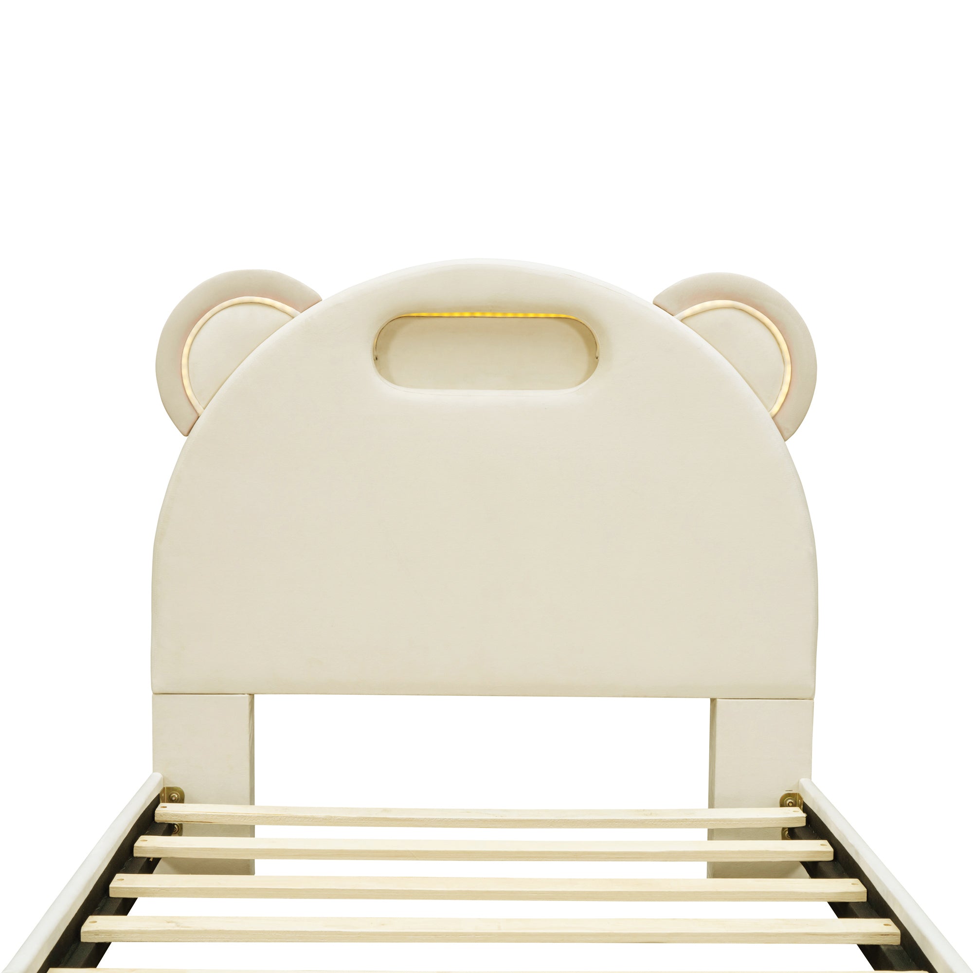 Twin Size Upholstered Platform Bed with Bear-Shaped Headboard and Embedded Light Stripe, Velvet, Beige - Atlantic Fine Furniture Melbourne FL