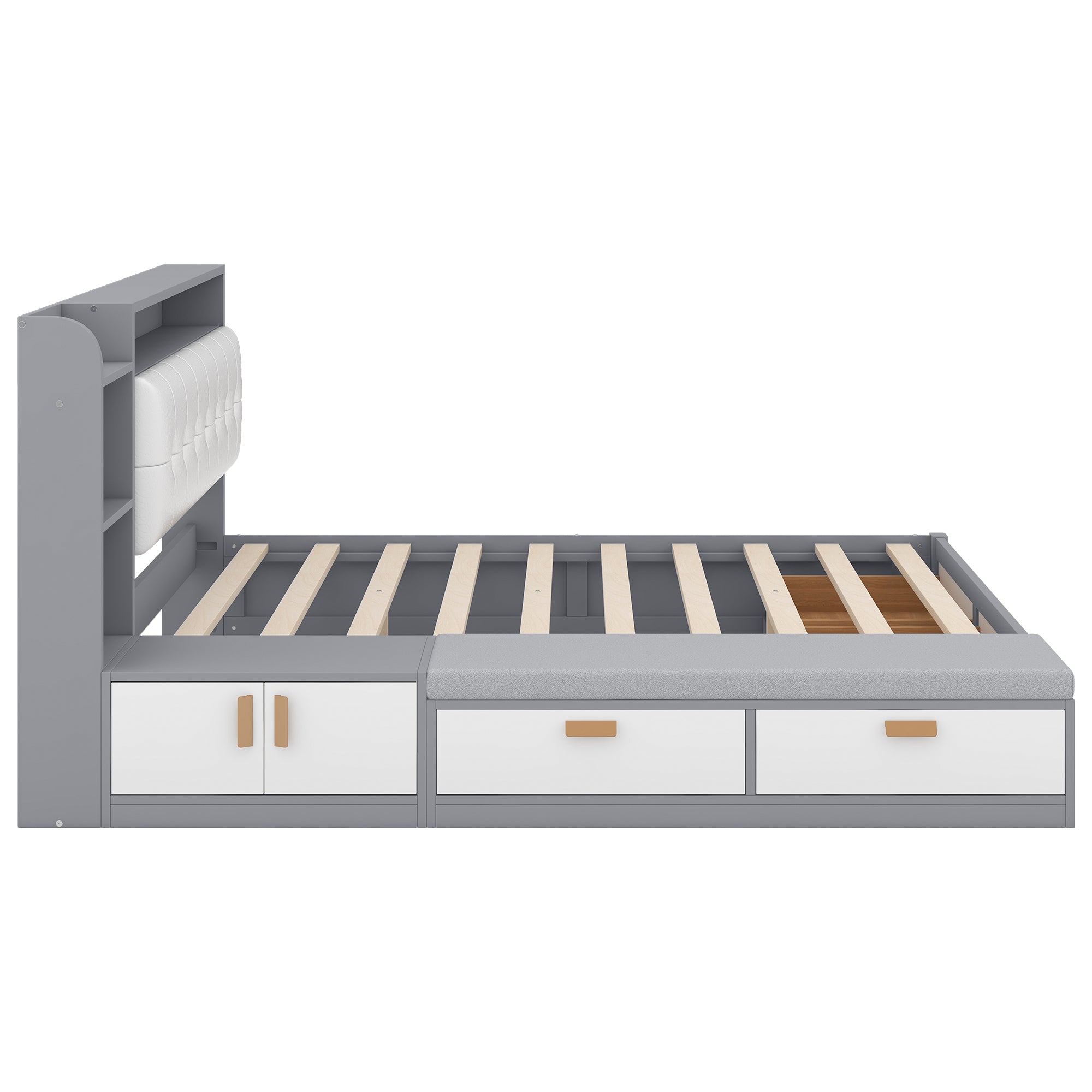 Queen Size Low Profile Platform Bed Frame with Upholstery Headboard and Storage Shelves and Drawers,USB Charging Design,Gray - Atlantic Fine Furniture Melbourne FL