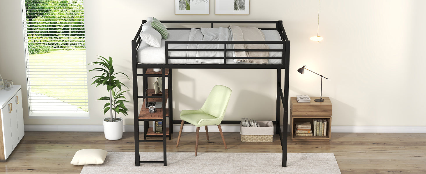 Full Size Metal Loft Bed with Built-in Desk and Storage Shelves, Black