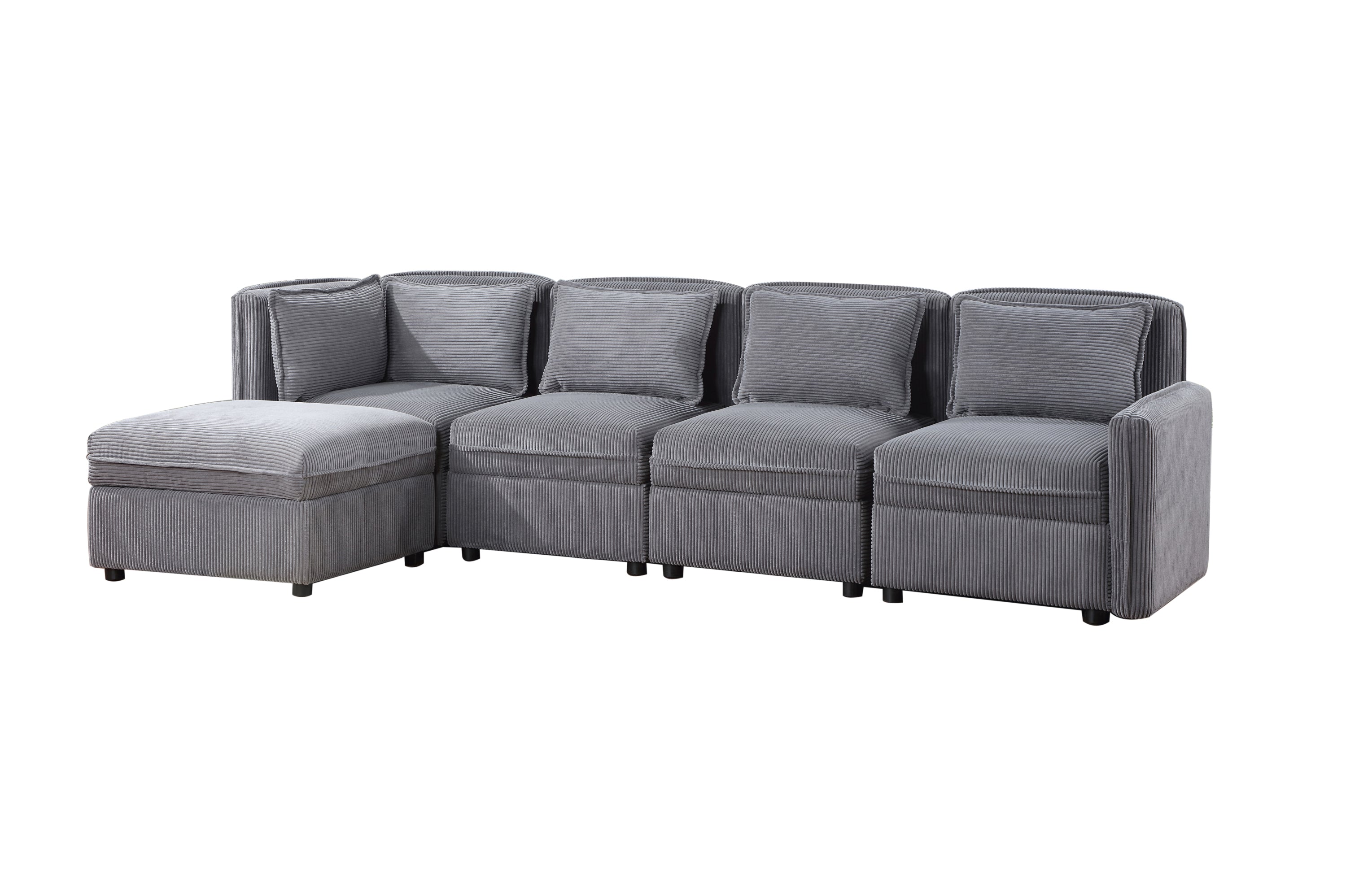 Modular Corduroy Sectional Sofa, Convertible L Shaped Couch Sofa with Storage, 5 Seat Sofa Couch for Living Room, Dark Gray