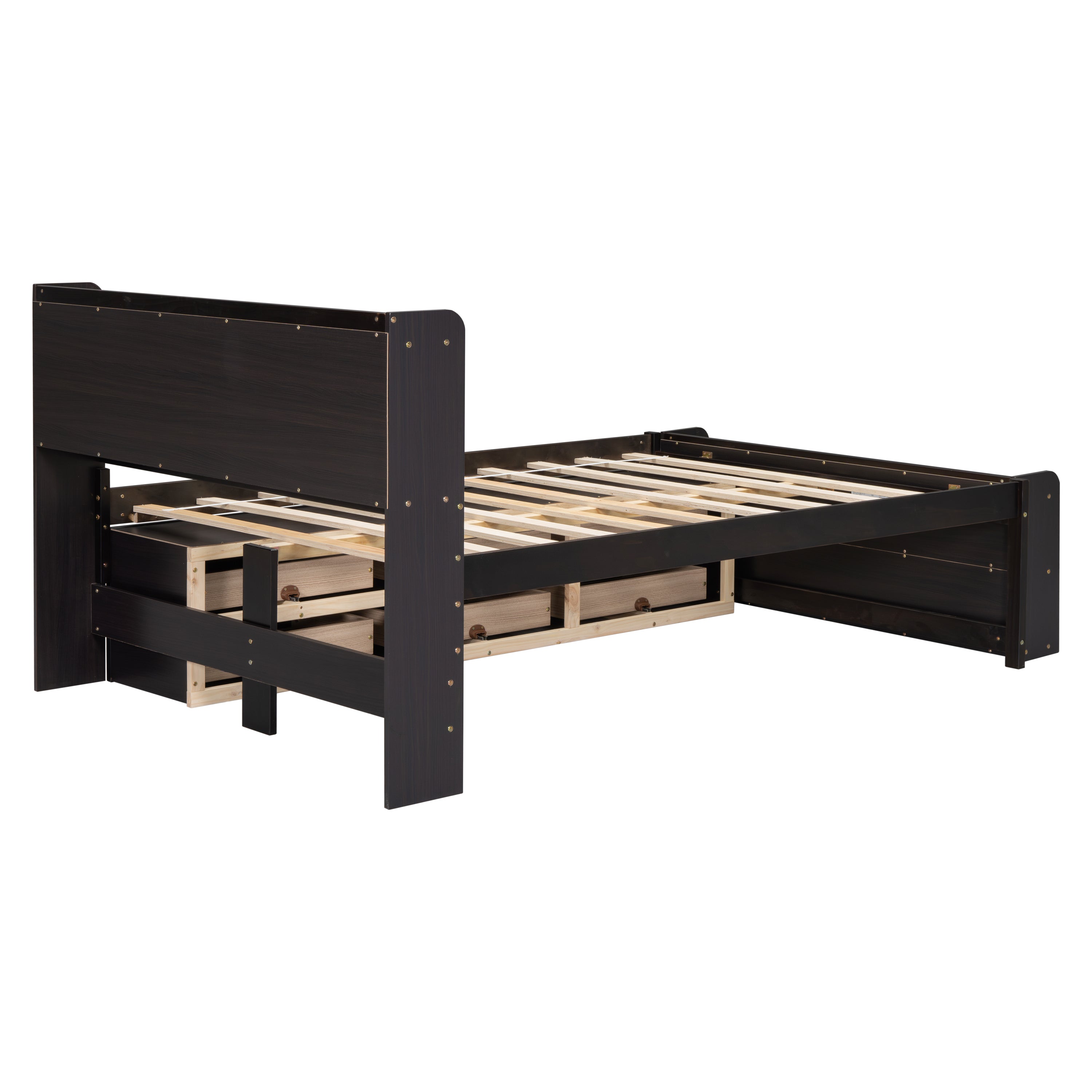 Full Bed with Bookcase Headboard, Under bed Storage Drawers and Bed End Storage Case,Espresso
