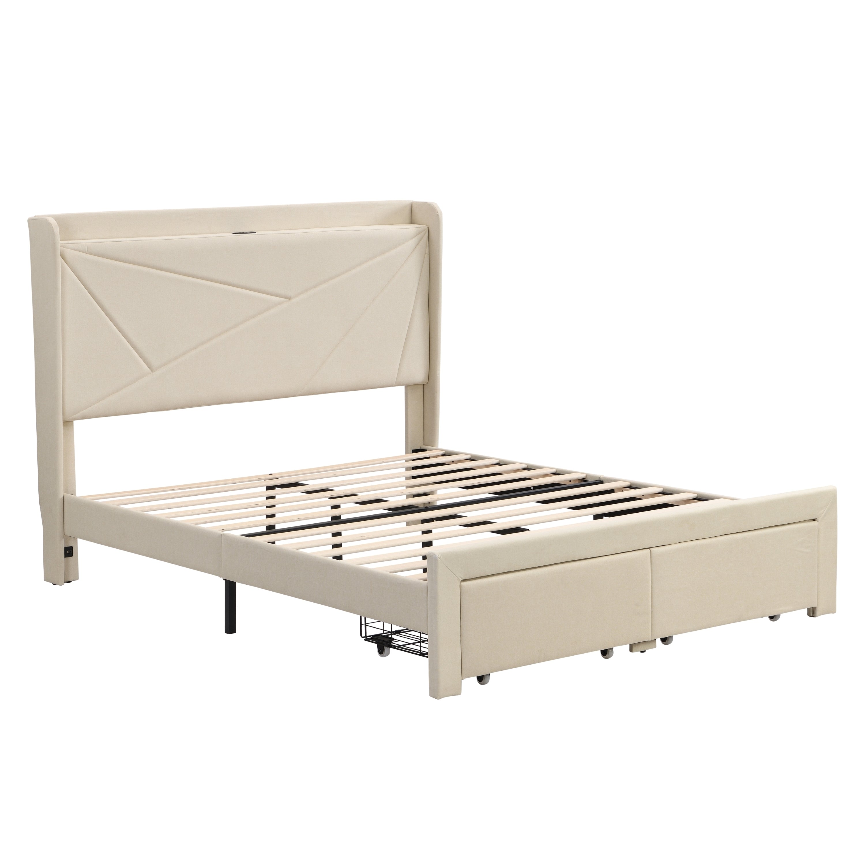 Queen Size Bed Frame with 2 Storage Drawers, Upholstered Bed Frame with Wingback Headboard Storage Shelf Built-in USB Charging Stations and Strong Wood Slats Support, No Box Spring Needed, Beige