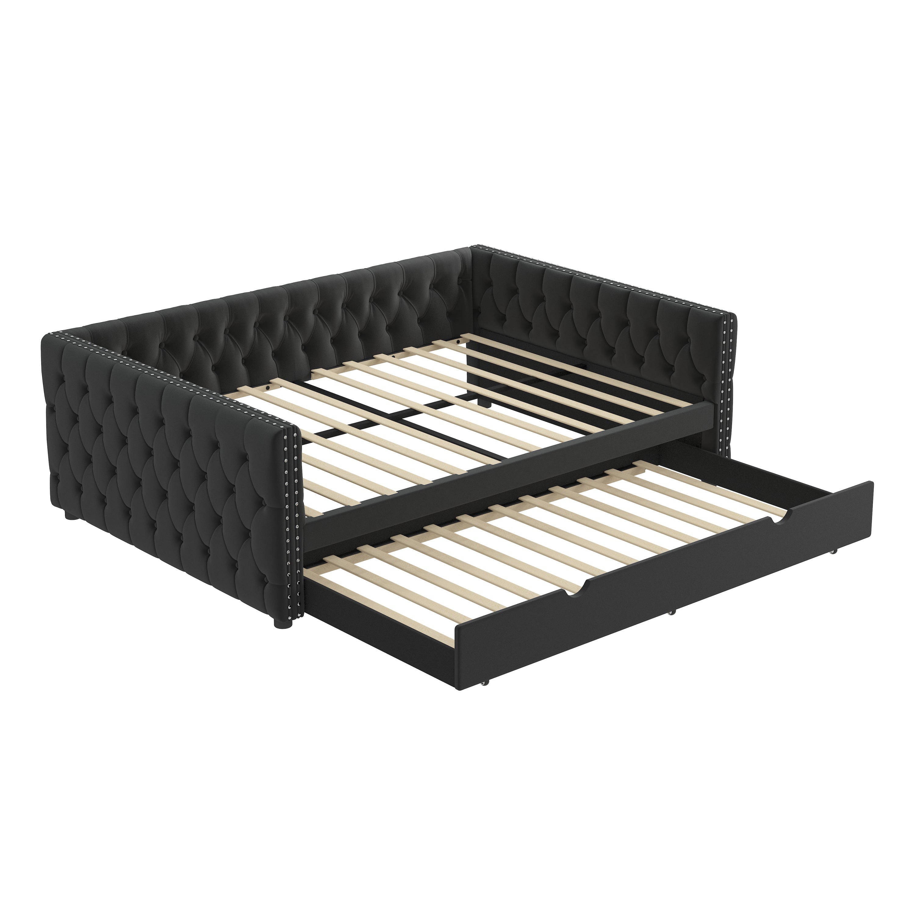 Daybed with Trundle Velvet Upholstered Tufted Sofa Bed, with Button and Copper Nail onSquare Arms,Full Daybed & Twin Trundle- For Bedroom, Living Room, Guest Room,(83"x57"x26") - Atlantic Fine Furniture Melbourne FL