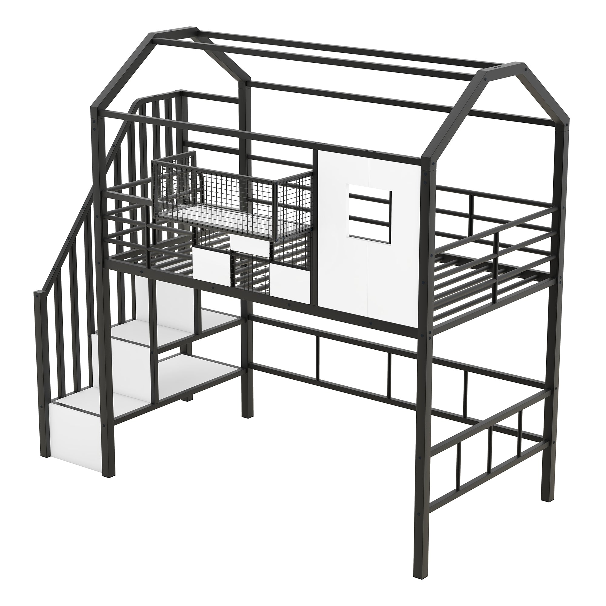 Metal Loft Bed with roof design and a storage box, Twin, Black - Atlantic Fine Furniture Melbourne FL