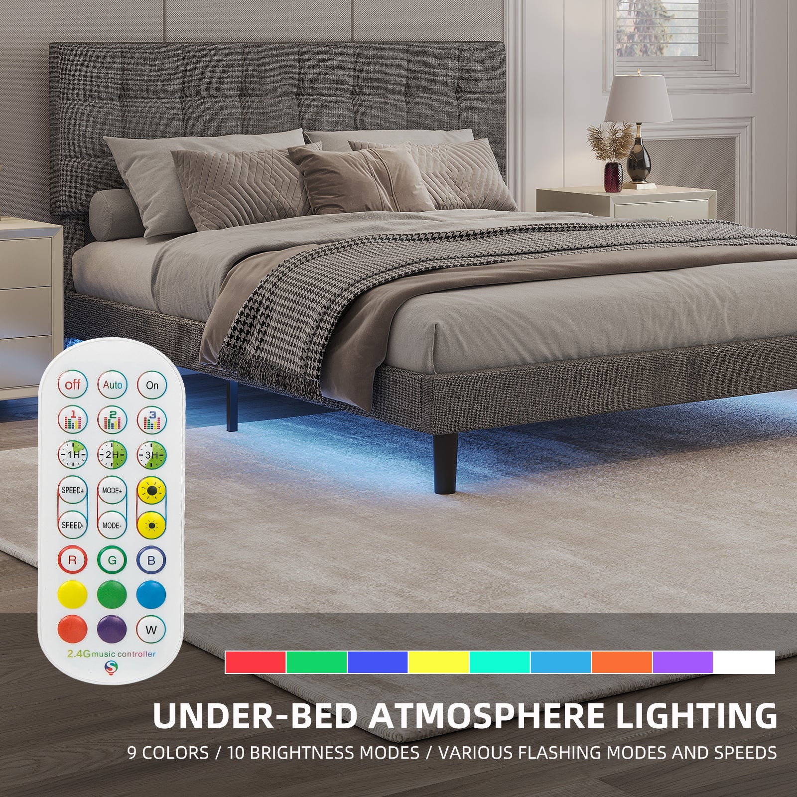 Queen Size Upholstered Platform Bed Linen Bed Frame with Lights Square Stitched Adjustable Headboard Strong Bed Slats System No Box Spring Needed Grey - Atlantic Fine Furniture Melbourne FL