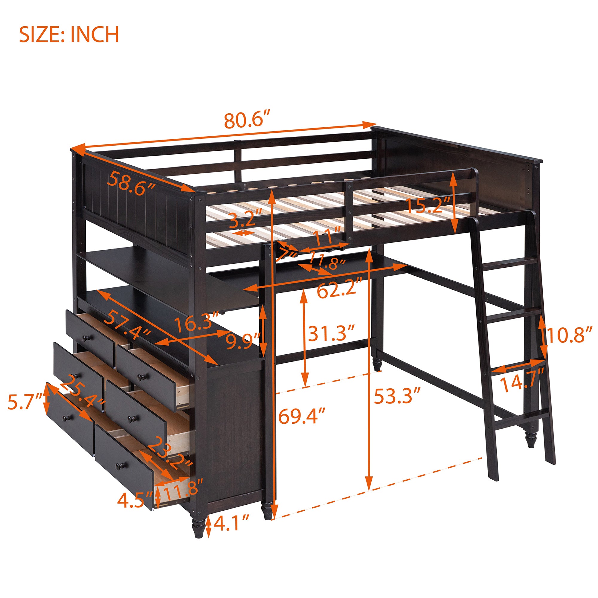 Full size Loft Bed with Drawers and Desk, Wooden Loft Bed with Shelves - Espresso(OLD SKU:LT001529AAP) - Atlantic Fine Furniture Melbourne FL