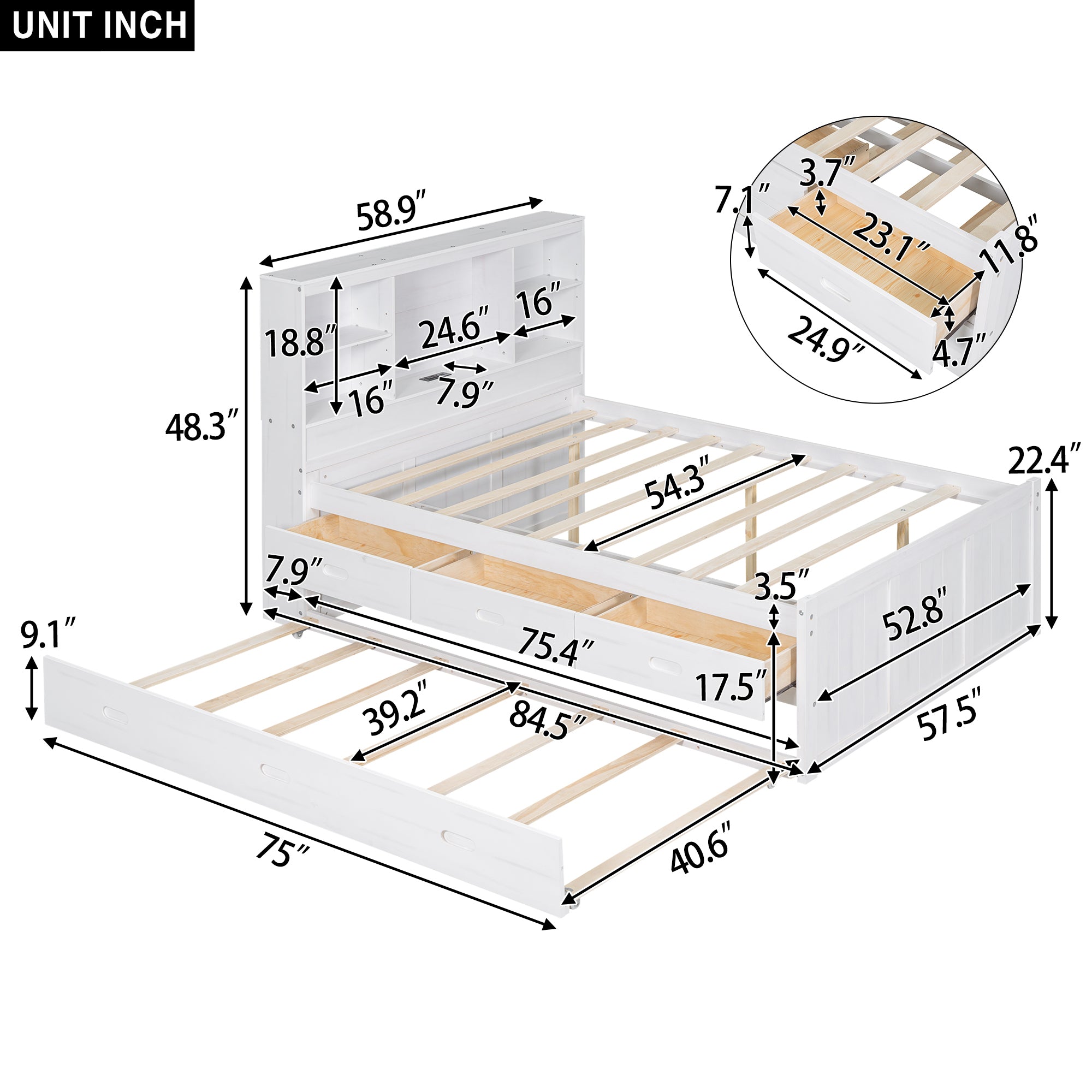 Full Size Platform Bed with Storage Headboard, Charging Station, Twin Size Trundle and 3 Drawers, Antique White - Atlantic Fine Furniture Melbourne FL