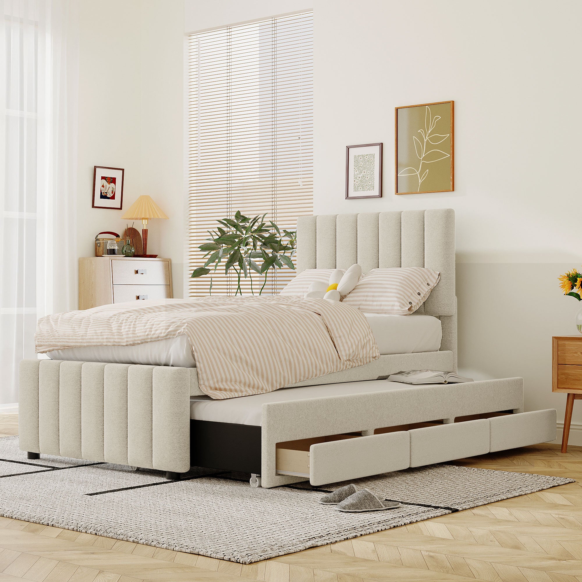 Twin Size Upholstered Platform Bed with Trundle and 3 Drawers, Linen Fabric, Beige - Atlantic Fine Furniture Melbourne FL