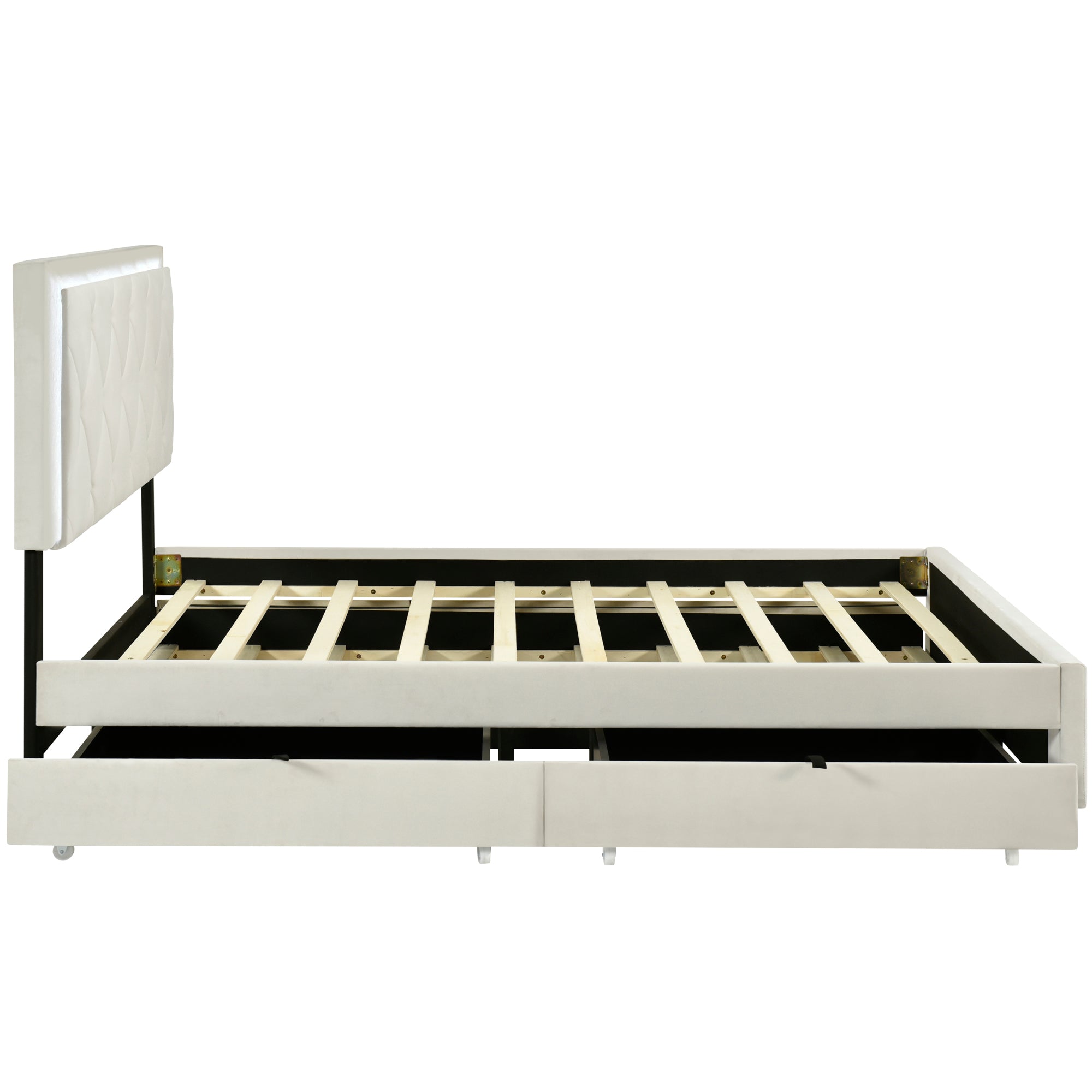 Queen Size Velvet Storage Platform Bed, with 2 Big Drawers, Twin XL Size Trundle and LED Light, Beige - Atlantic Fine Furniture Melbourne FL
