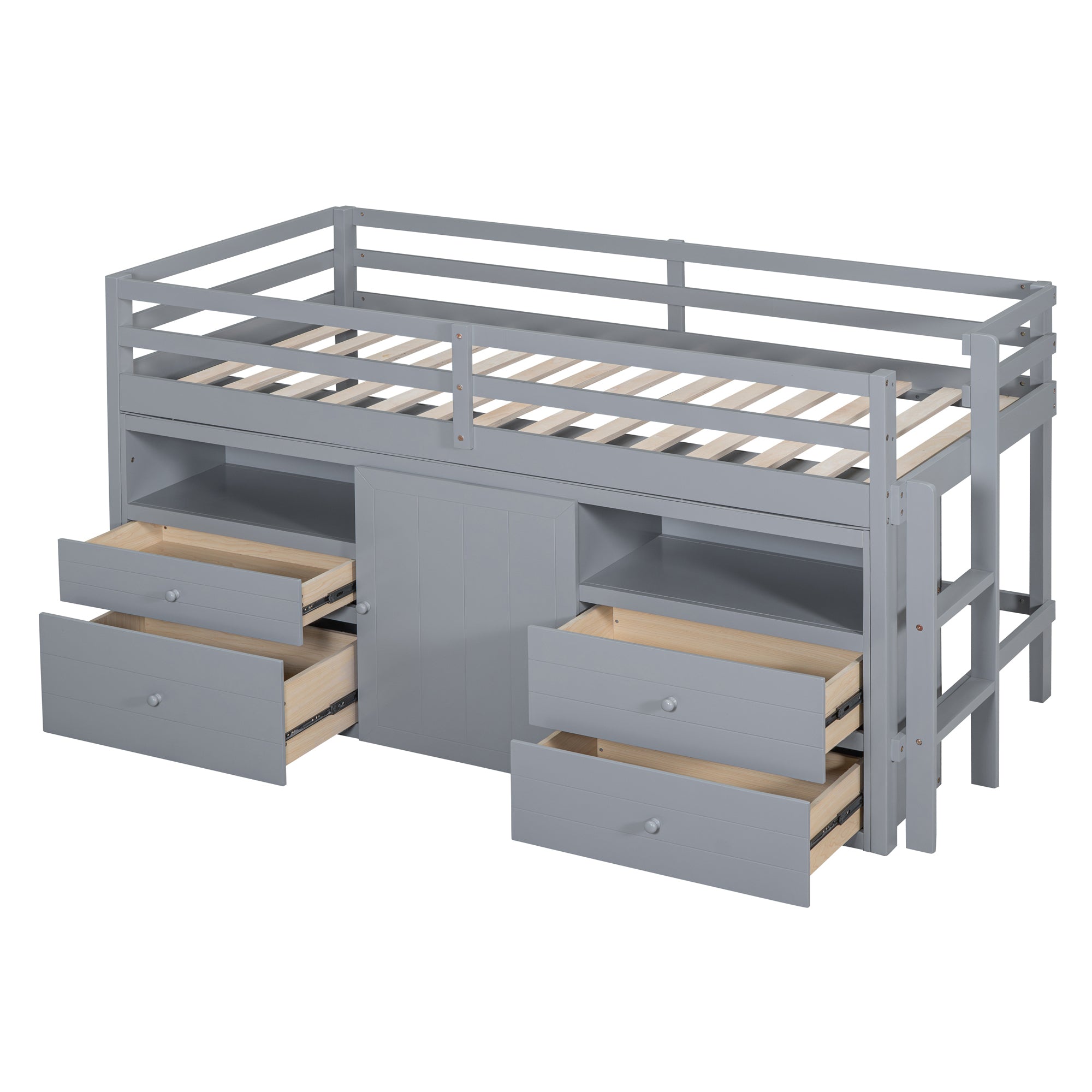 Twin Size Loft Bed with 4 Drawers, Underneath Cabinet and Shelves, Gray - Atlantic Fine Furniture Melbourne FL