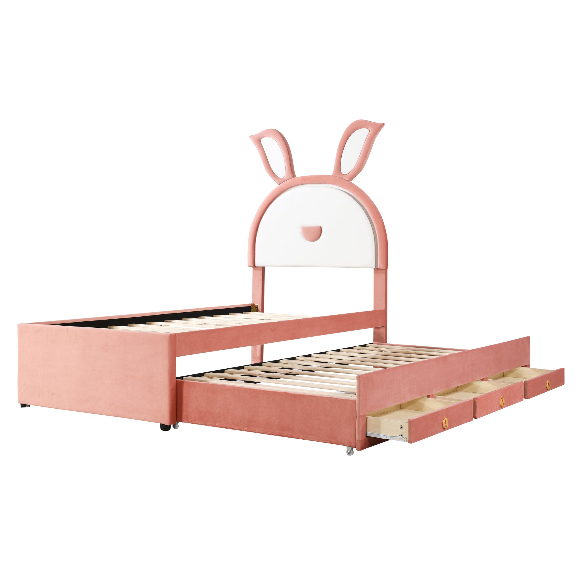 Twin Size Upholstered Platform Bed with Trundle and 3 Drawers, Rabbit-Shaped Headboard with Embedded LED Lights, Pink - Atlantic Fine Furniture Melbourne FL