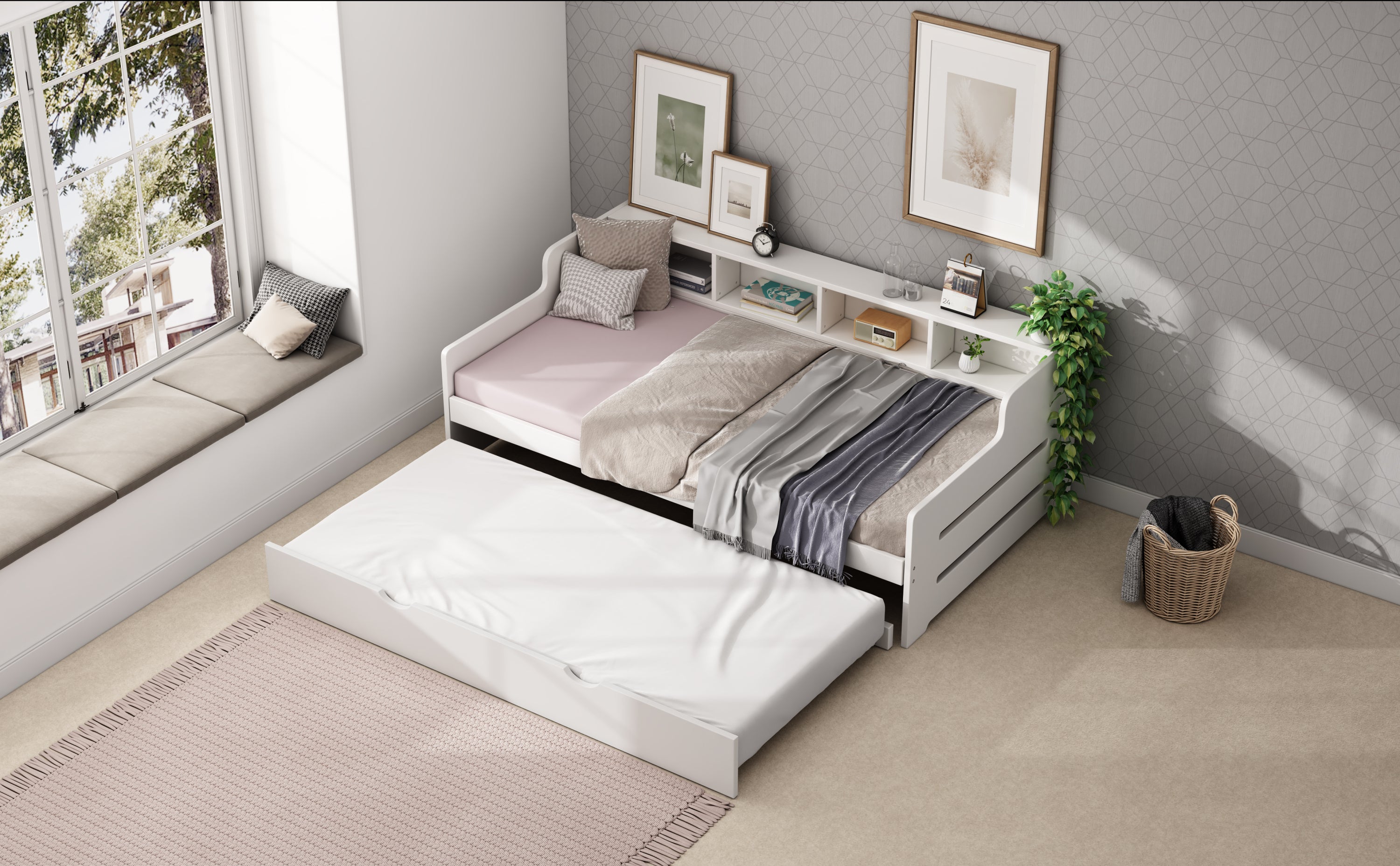 Twin Size Wooden Day Bed with Trundle for Guest Room, Small Bedroom, Study Room, White - Atlantic Fine Furniture Melbourne FL
