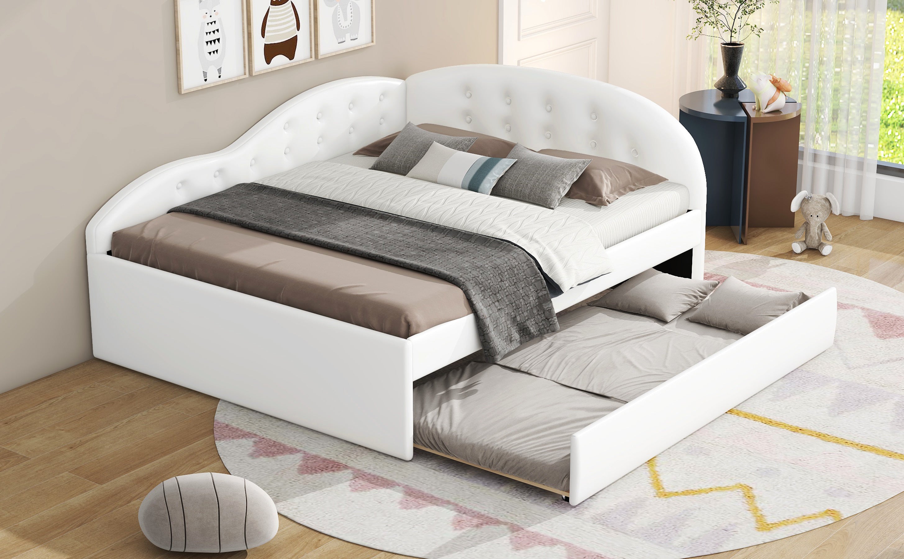 Full Size PU Upholstered Tufted Daybed with Trundle and Cloud Shaped Guardrail, White - Atlantic Fine Furniture Melbourne FL