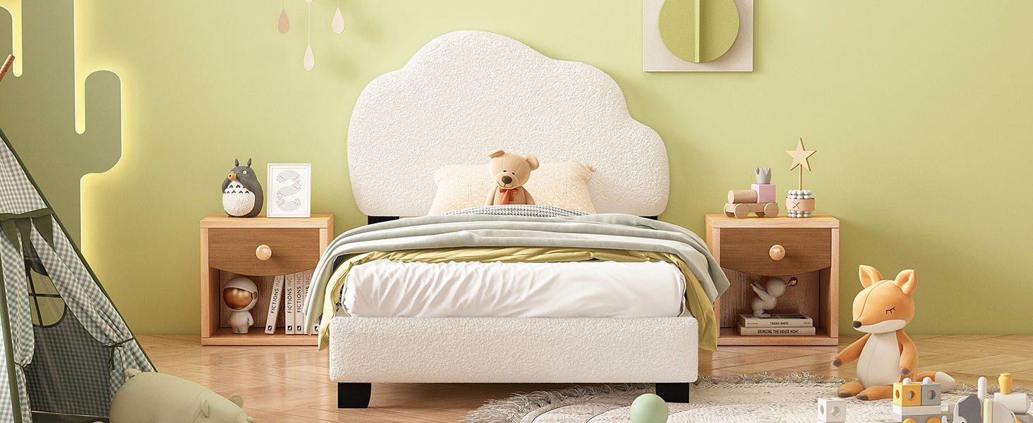 Twin Size Upholstered Boucle Fabric Platform Bed with Cloud-Shaped Headboard - Atlantic Fine Furniture Melbourne FL