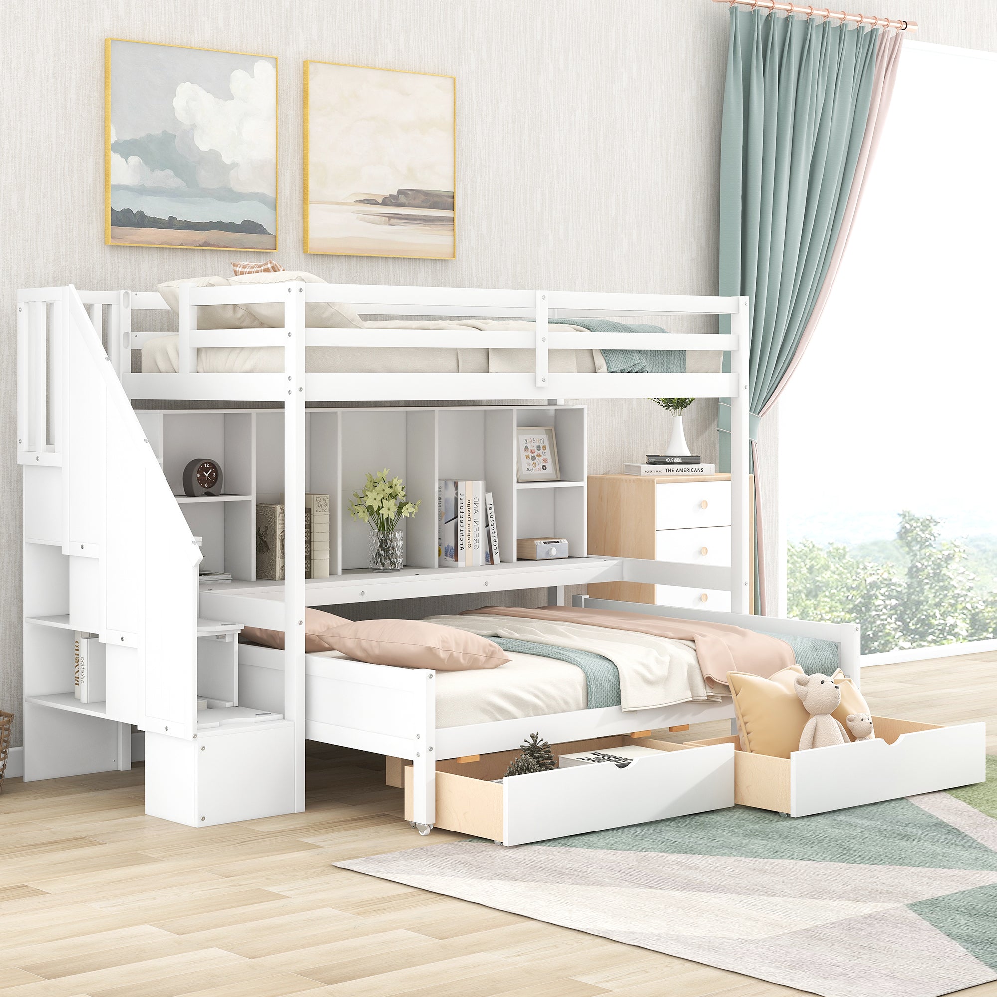 Twin XL over Full Bunk Bed with Built-in Storage Shelves, Drawers and Staircase,White - Atlantic Fine Furniture Melbourne FL