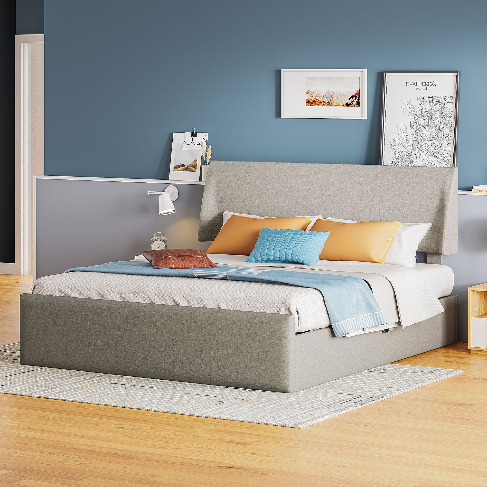 Queen Size Sleigh Bed with Side-Tilt Hydraulic Storage System, Linen Upholstery, Gray - Atlantic Fine Furniture Melbourne FL