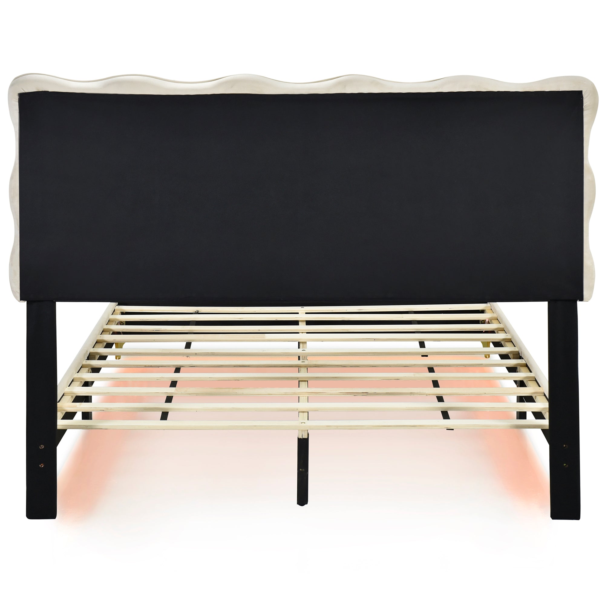 Full Size Velvet Platform Bed with LED Frame and Stylish Mental Bed Legs, Beige - Atlantic Fine Furniture Melbourne FL