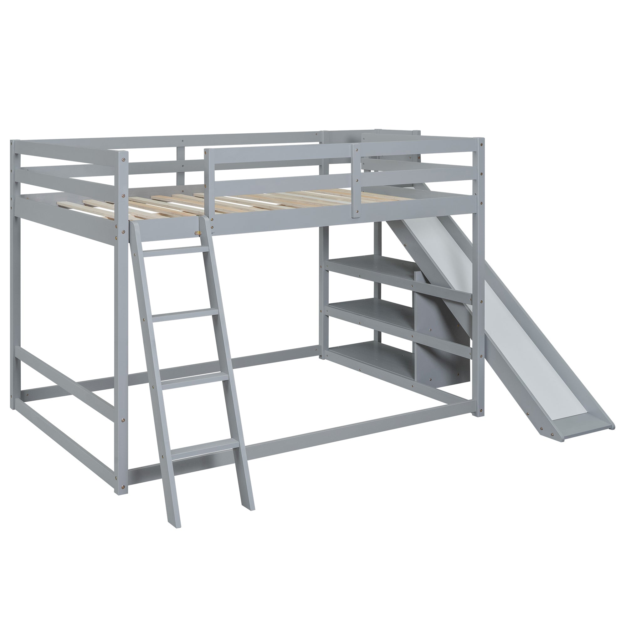 Full over Full Bunk Bed with Ladder, Slide and Shelves, Gray - Atlantic Fine Furniture Melbourne FL