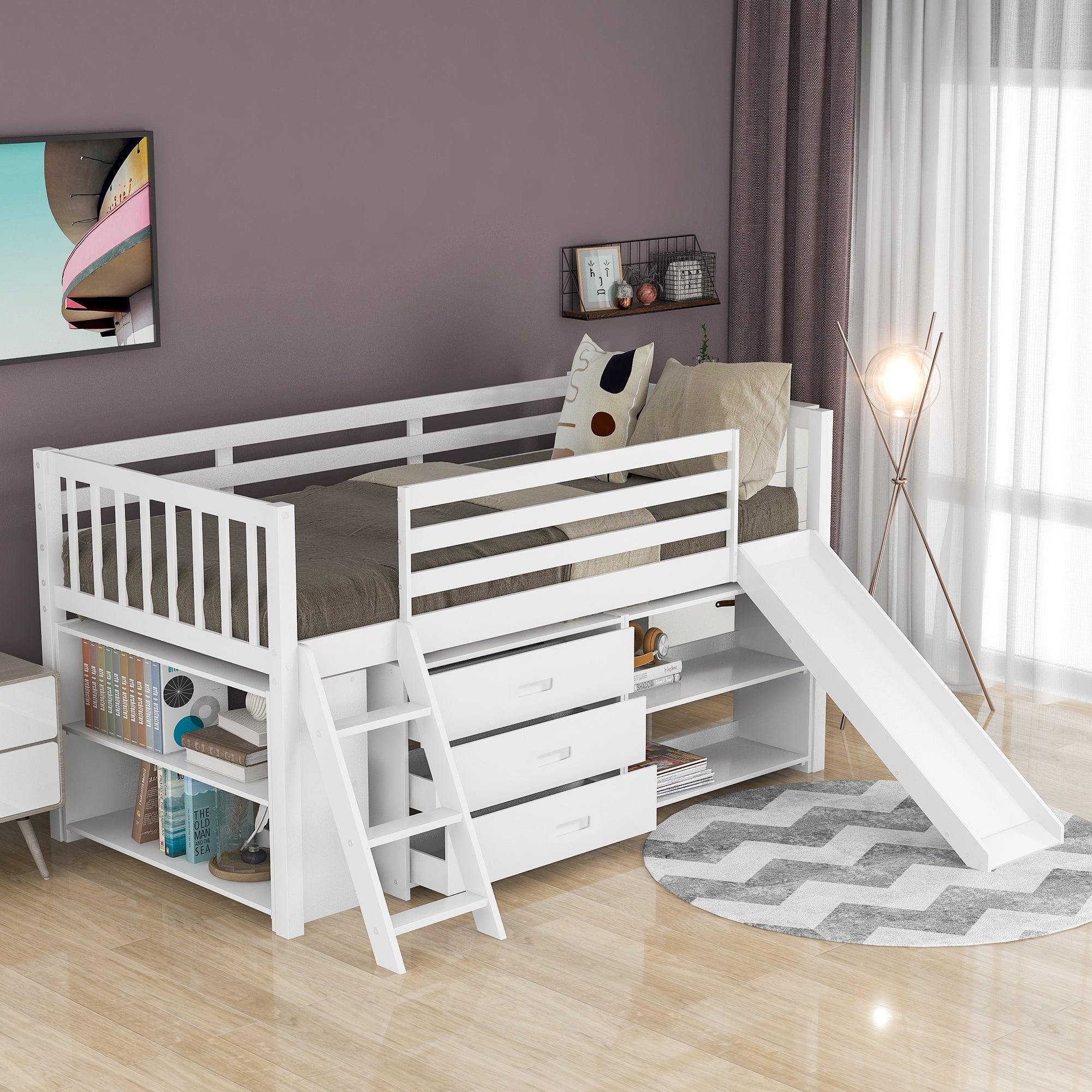Low Loft Bed with Attached Bookcases and Separate 3-tier Drawers,Convertible Ladder and Slide,Twin,White - Atlantic Fine Furniture Melbourne FL