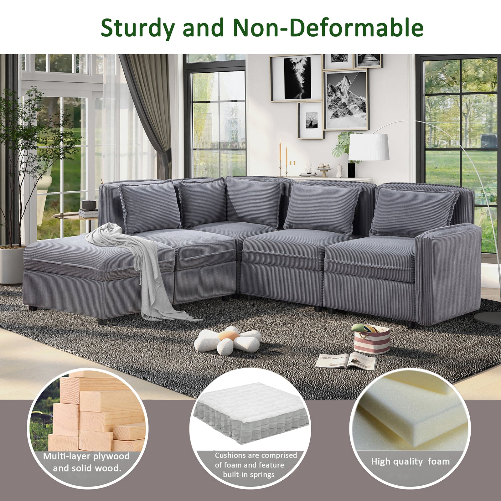 Modular Corduroy Sectional Sofa, Convertible L Shaped Couch Sofa with Storage, 5 Seat Sofa Couch for Living Room, Dark Gray