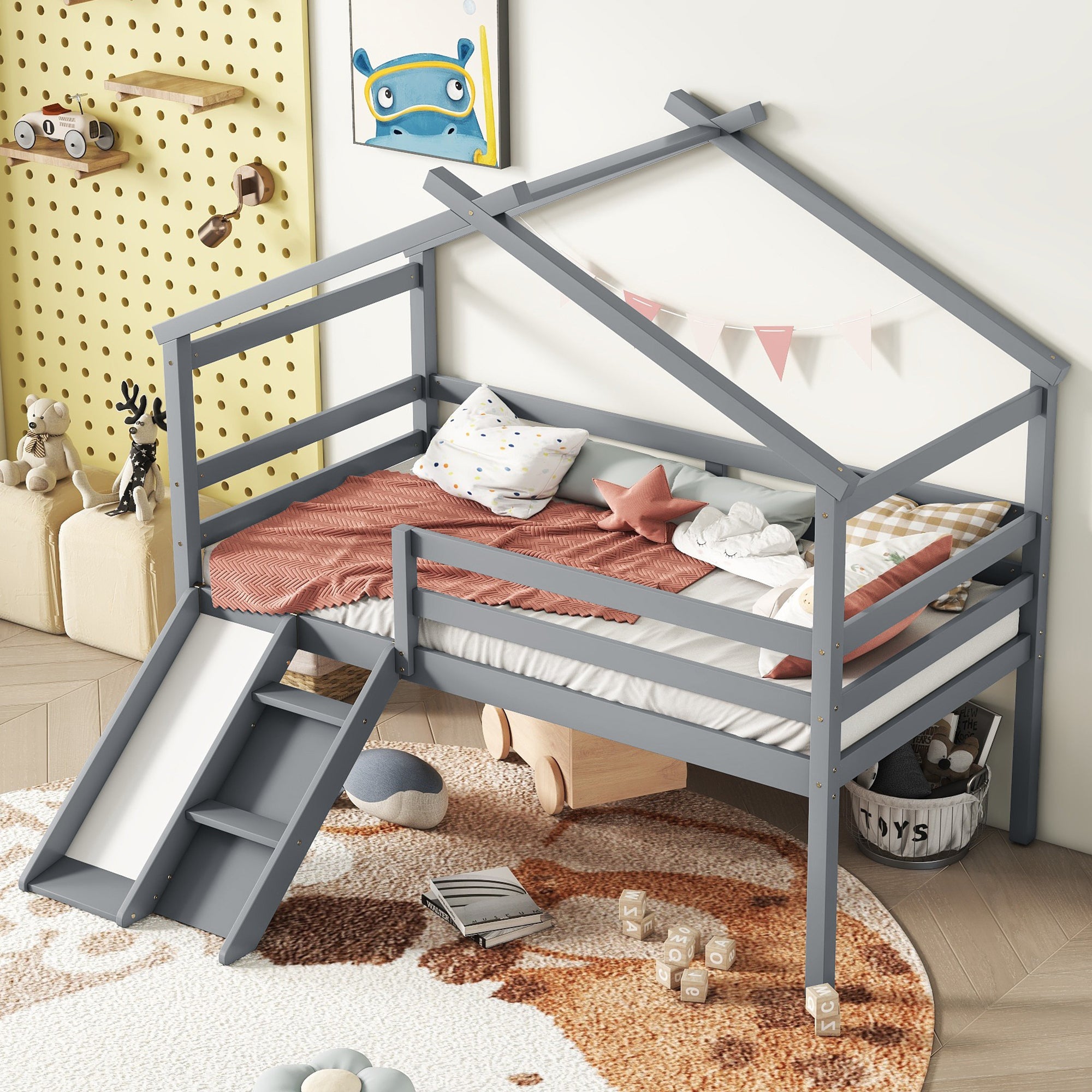 Twin Low Loft House Bed with Slide, Ladder, Safety Guardrails, House Roof Frame,Grey
