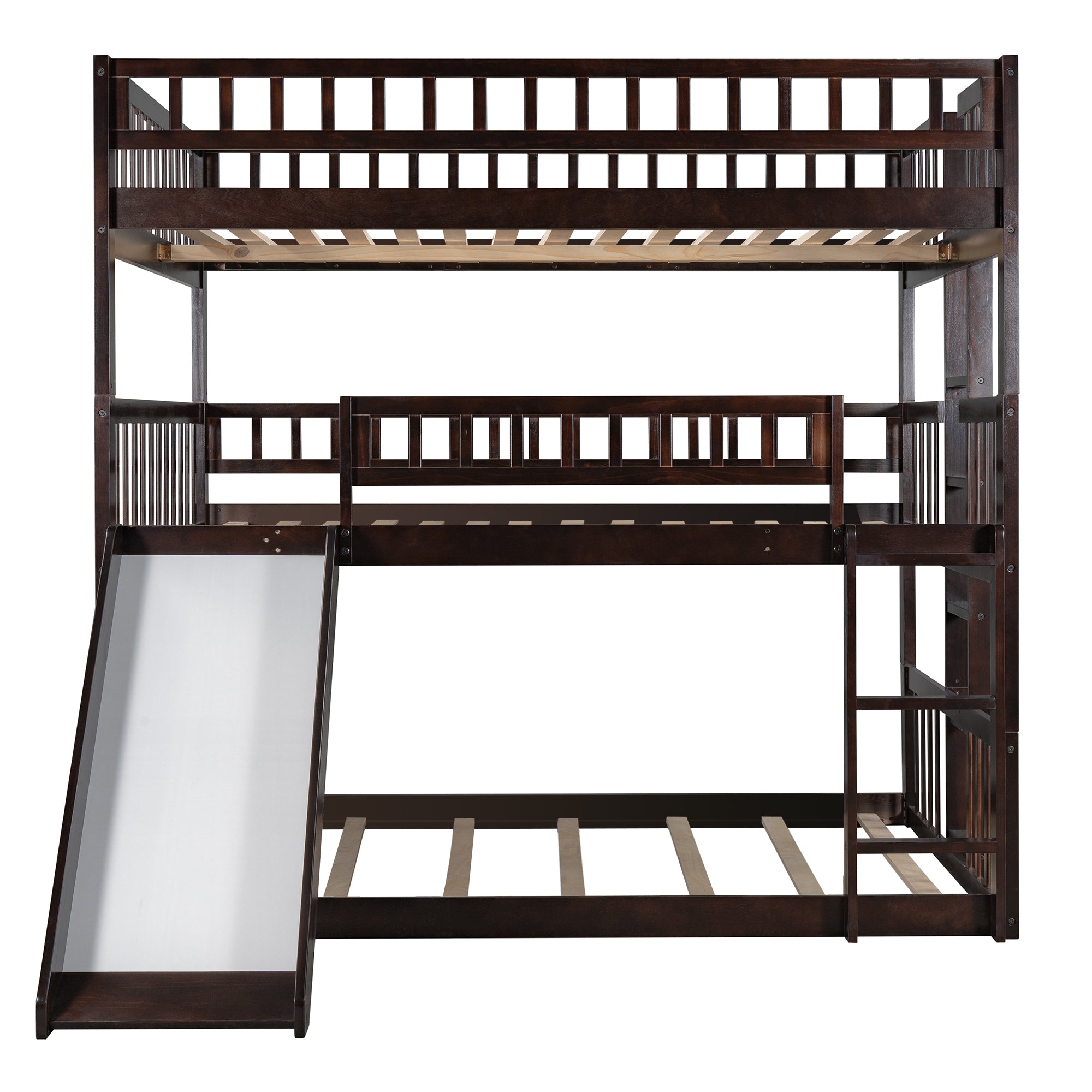 Full-Over-Full-Over-Full Triple Bed with Built-in Ladder and Slide , Triple Bunk Bed with Guardrails, Espresso(OLD SKU :LP000052AAP) - Atlantic Fine Furniture Melbourne FL