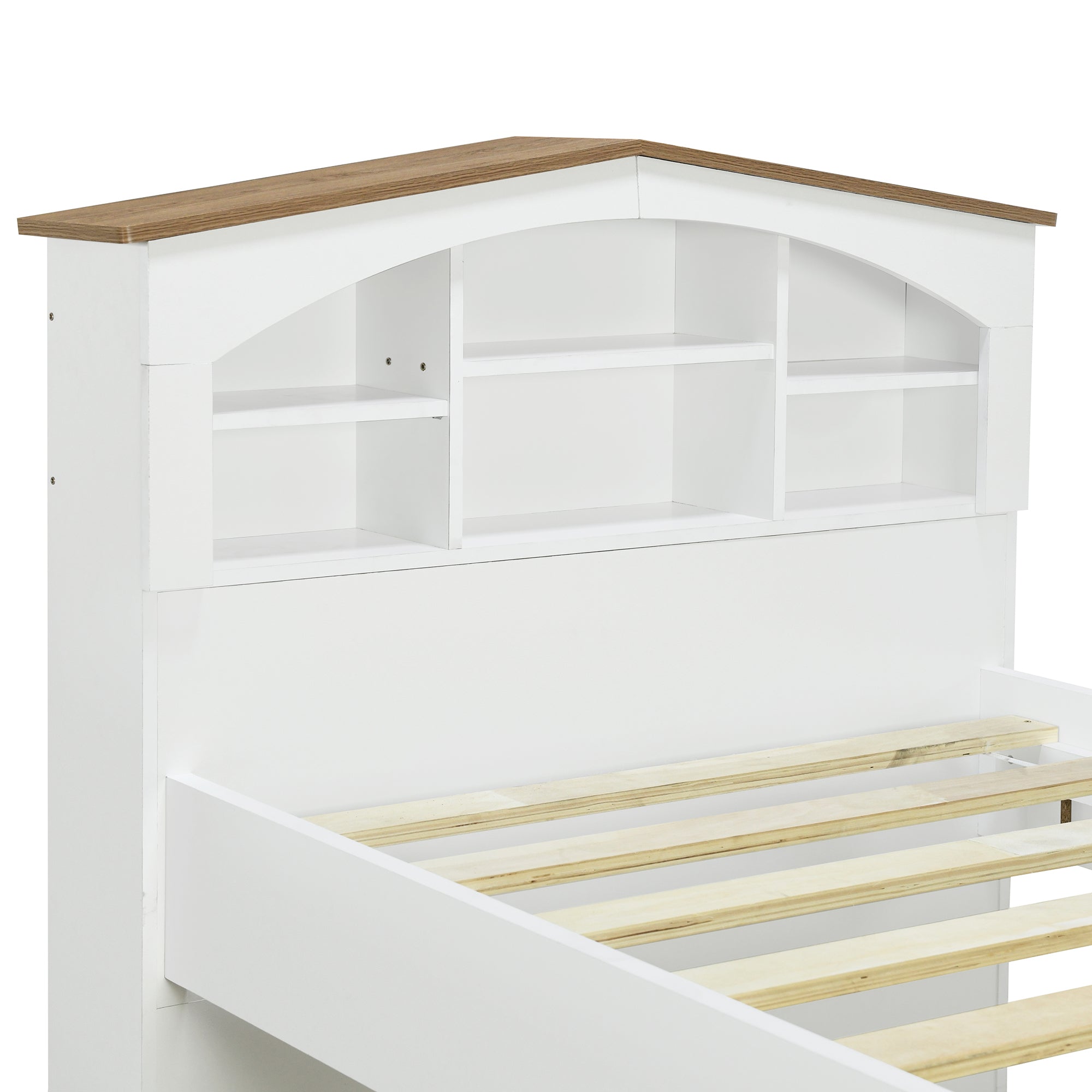 Twin Size Wood Platform Bed with House-shaped Storage Headboard and Trundle, White - Atlantic Fine Furniture Melbourne FL