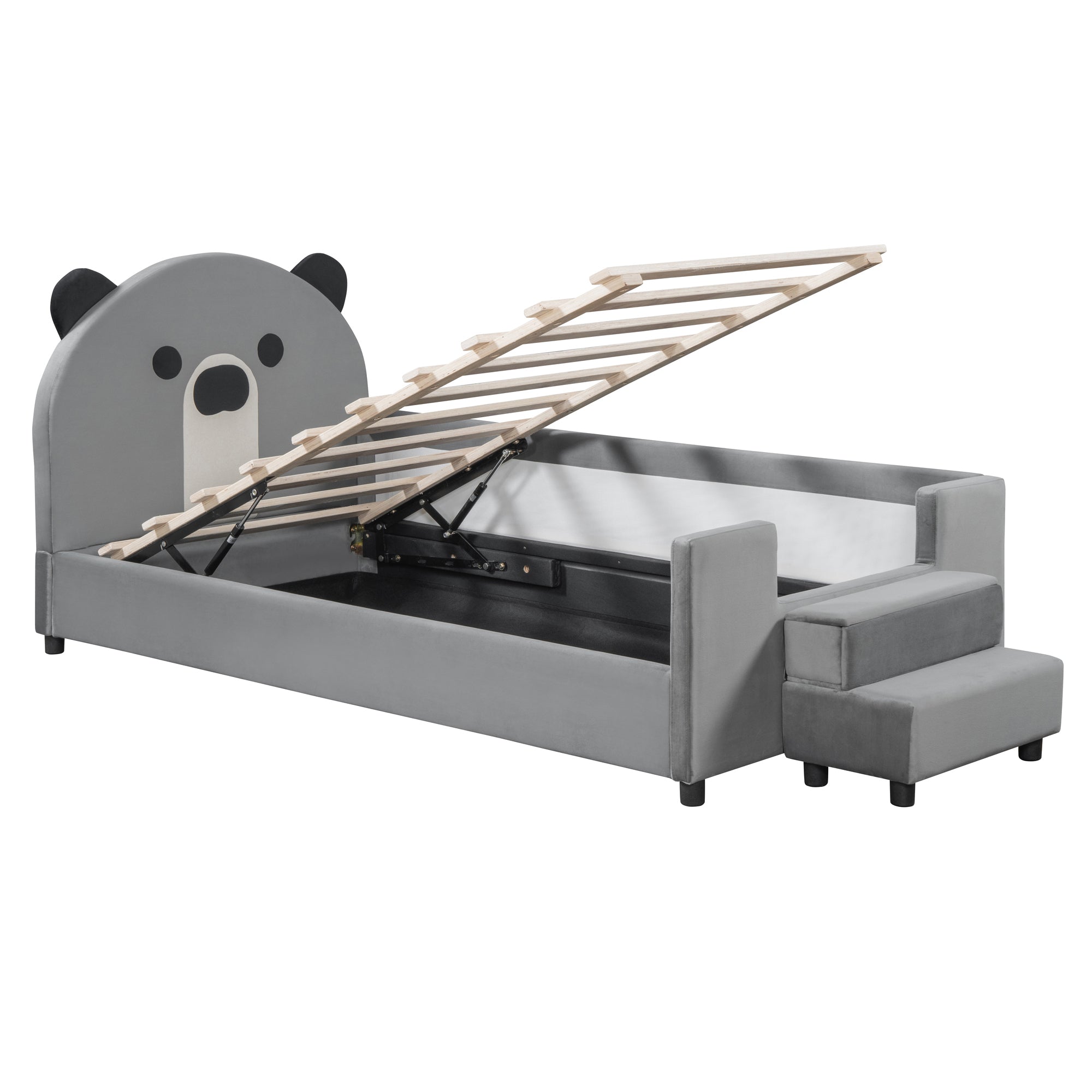 Twin Size Upholstered Daybed with Bear Shaped Headboard, Hydraulic System and Breathable Mesh Fence, Gray - Atlantic Fine Furniture Melbourne FL