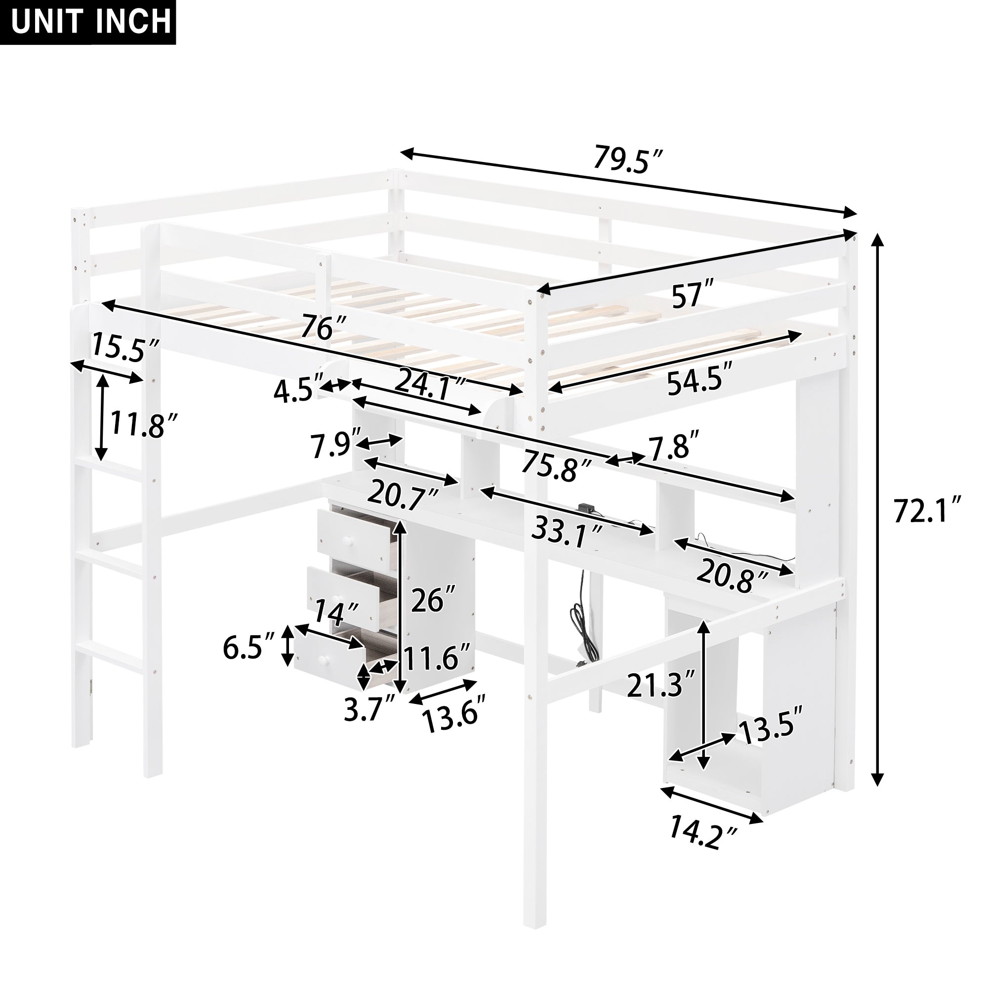 Full Size Loft Bed with Multi-storage Desk, LED light and Bedside Tray, Charging Station, White - Atlantic Fine Furniture Melbourne FL