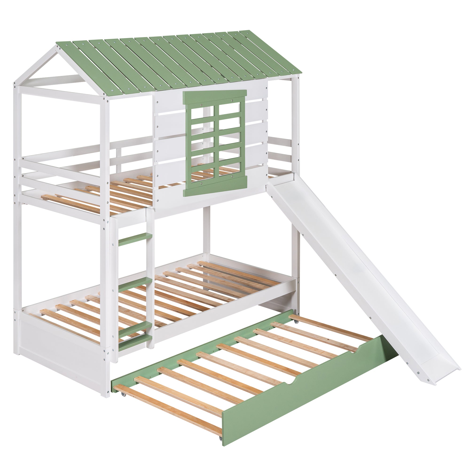 Twin over Twin Size House Bunk Bed with Convertible Slide and Trundle, White+Green - Atlantic Fine Furniture Melbourne FL