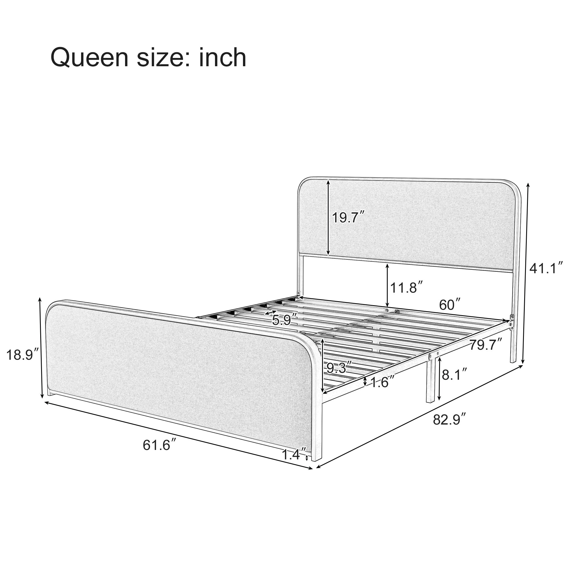 Modern Metal Bed Frame with Curved Upholstered Headboard and Footboard Bed with Under Bed Storage, Heavy Duty Metal Slats, Queen Size, Grey - Atlantic Fine Furniture Melbourne FL