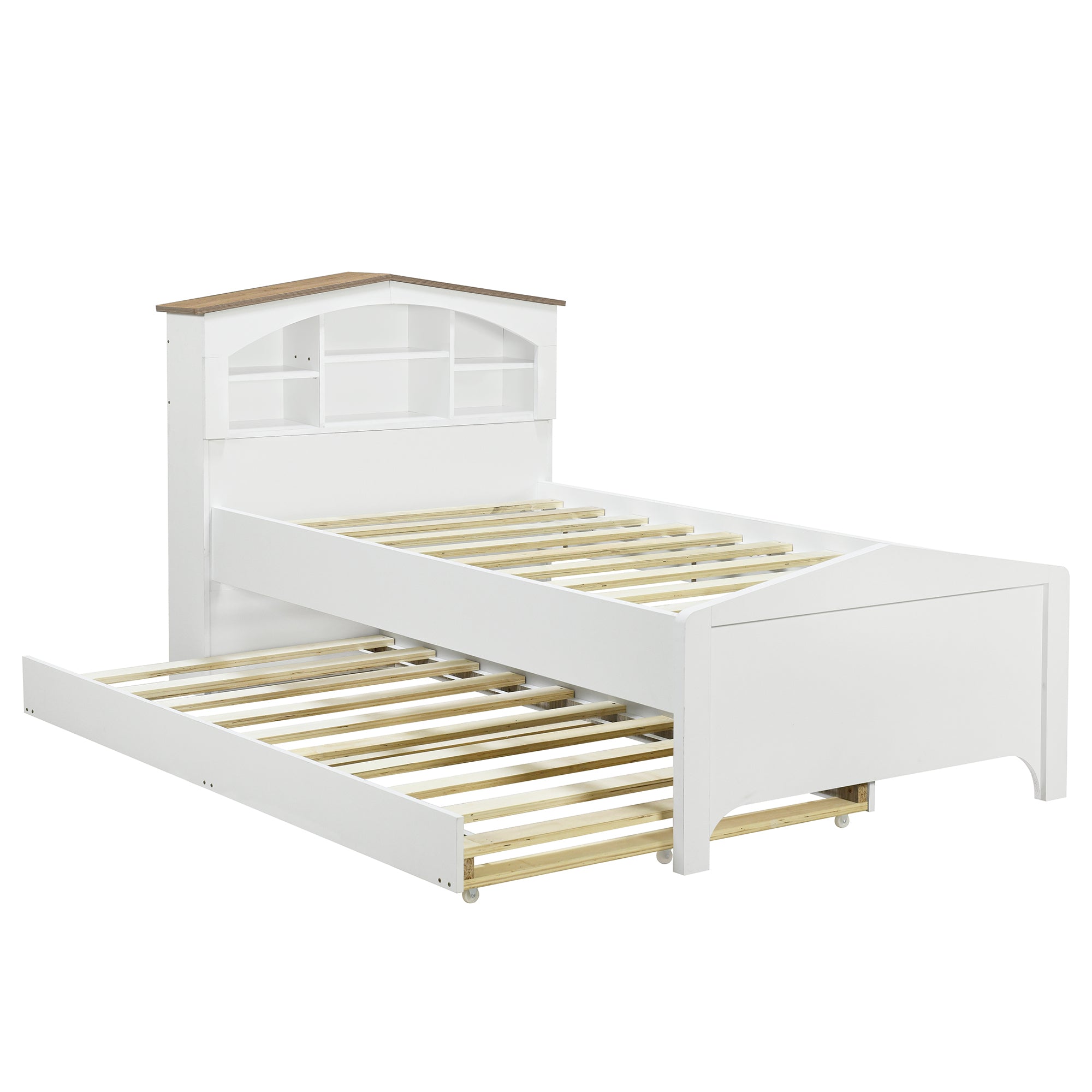 Twin Size Wood Platform Bed with House-shaped Storage Headboard and Trundle, White - Atlantic Fine Furniture Melbourne FL