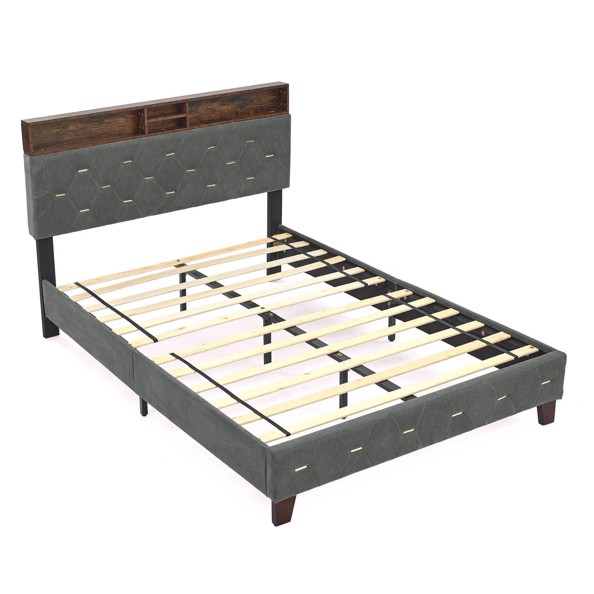 Full Size Bed Frame, Shelf Upholstered Headboard, Platform Bed with Outlet & USB Ports, Wood Legs, No Box Spring Needed, Easy Assembly, Grey