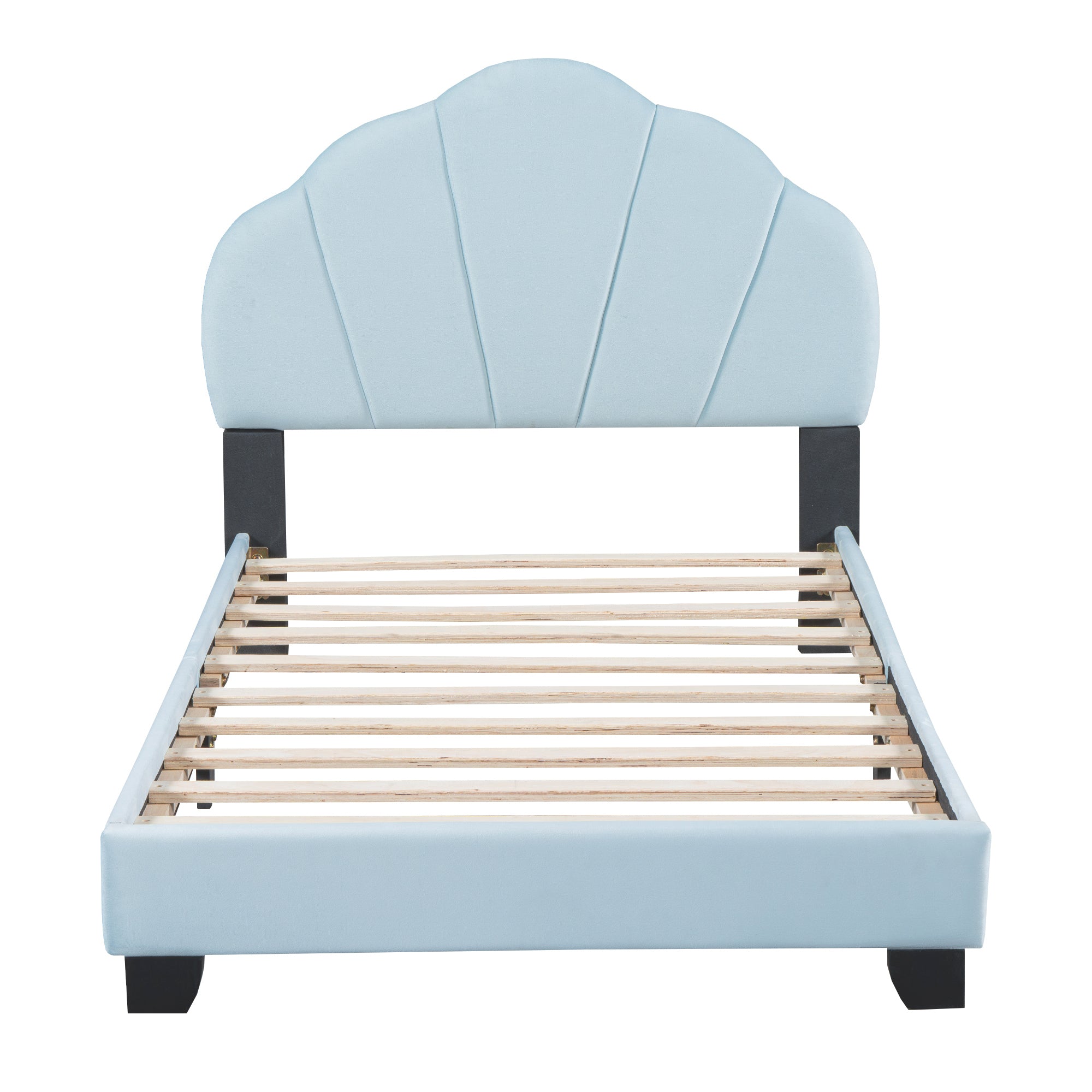 Twin Size Upholstered Velvet Platform Bed with Shell-Shaped Headboard, Blue - Atlantic Fine Furniture Melbourne FL
