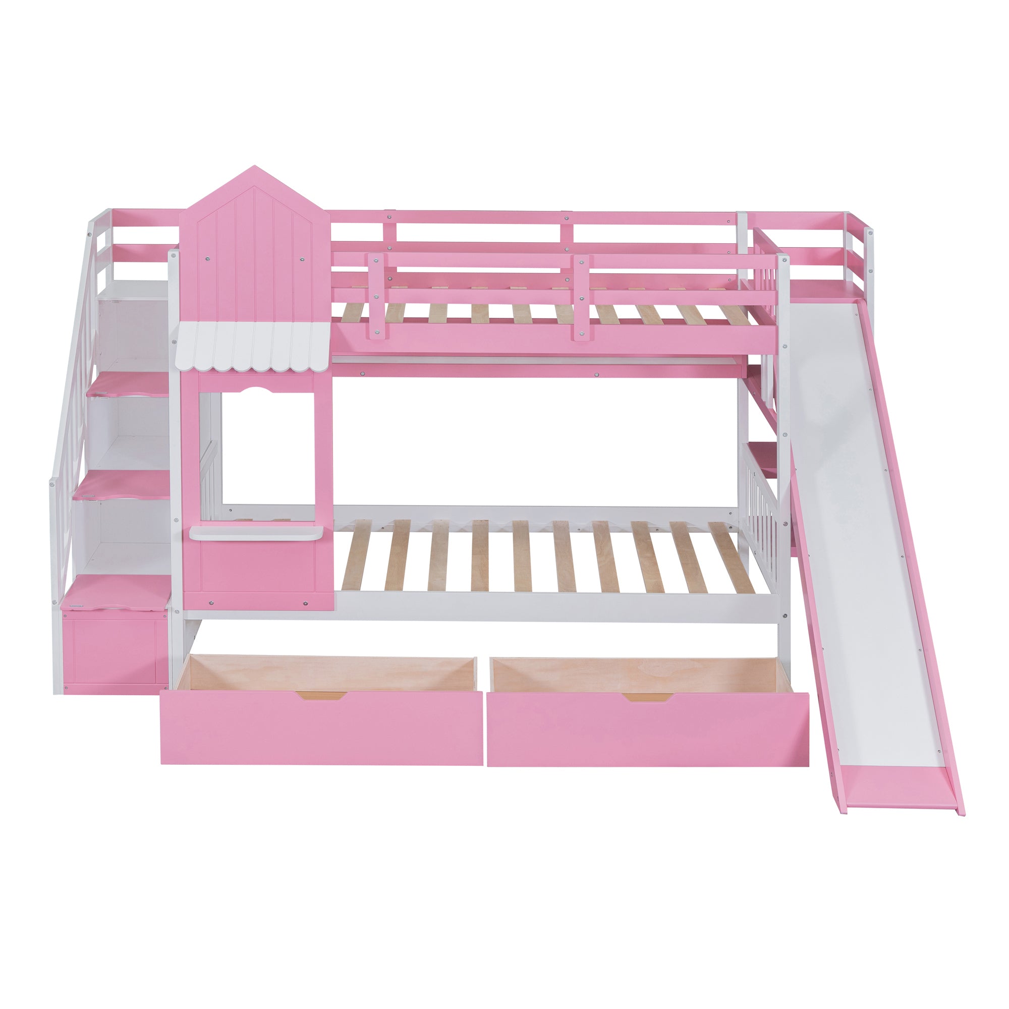 Twin-Over-Twin Castle Style Bunk Bed with 2 Drawers 3 Shelves and Slide - Pink - Atlantic Fine Furniture Melbourne FL