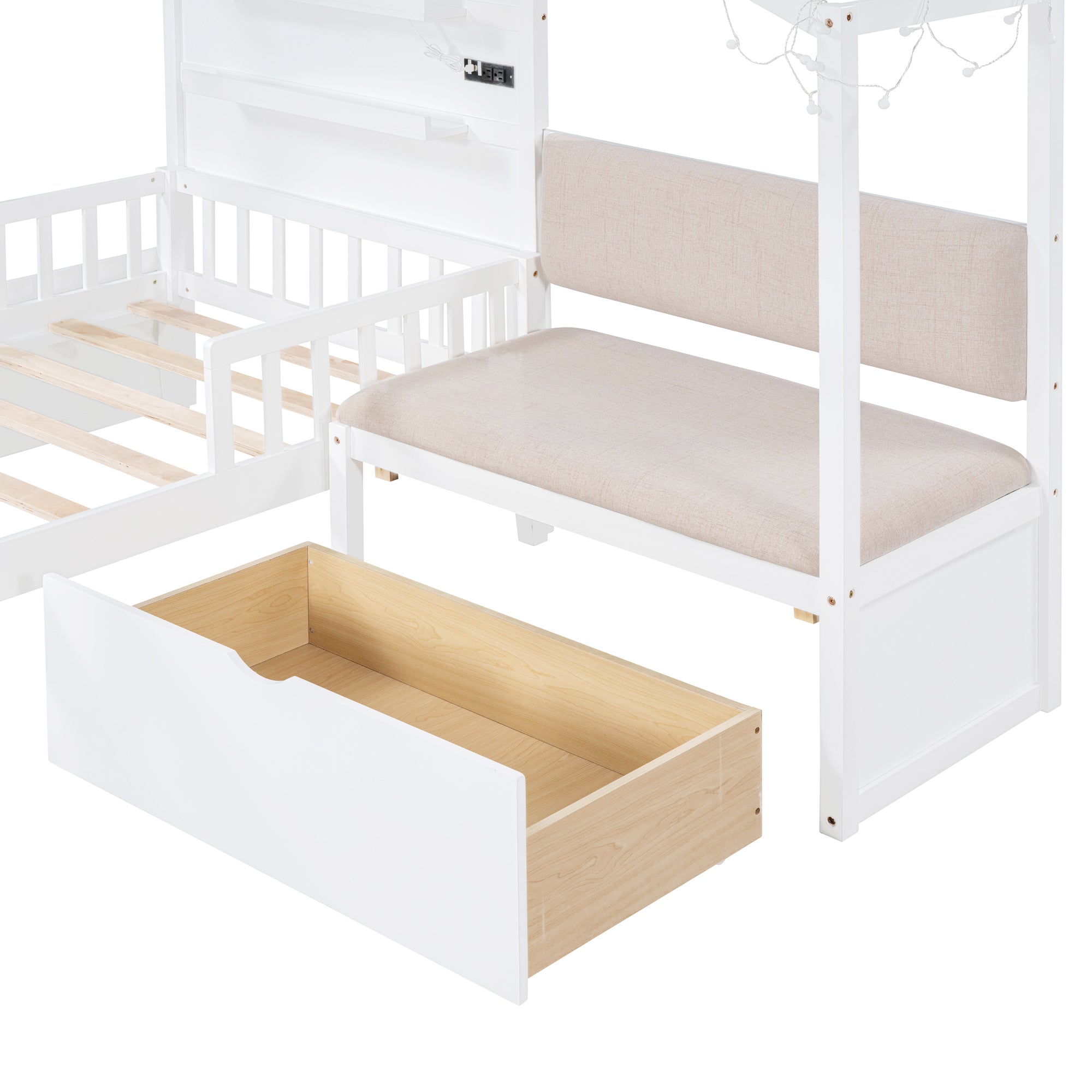 Twin Size House Bed with Upholstered Sofa, House Bed with Charging Station, Wireless Charging, Shelves and Two Drawers, White - Atlantic Fine Furniture Melbourne FL