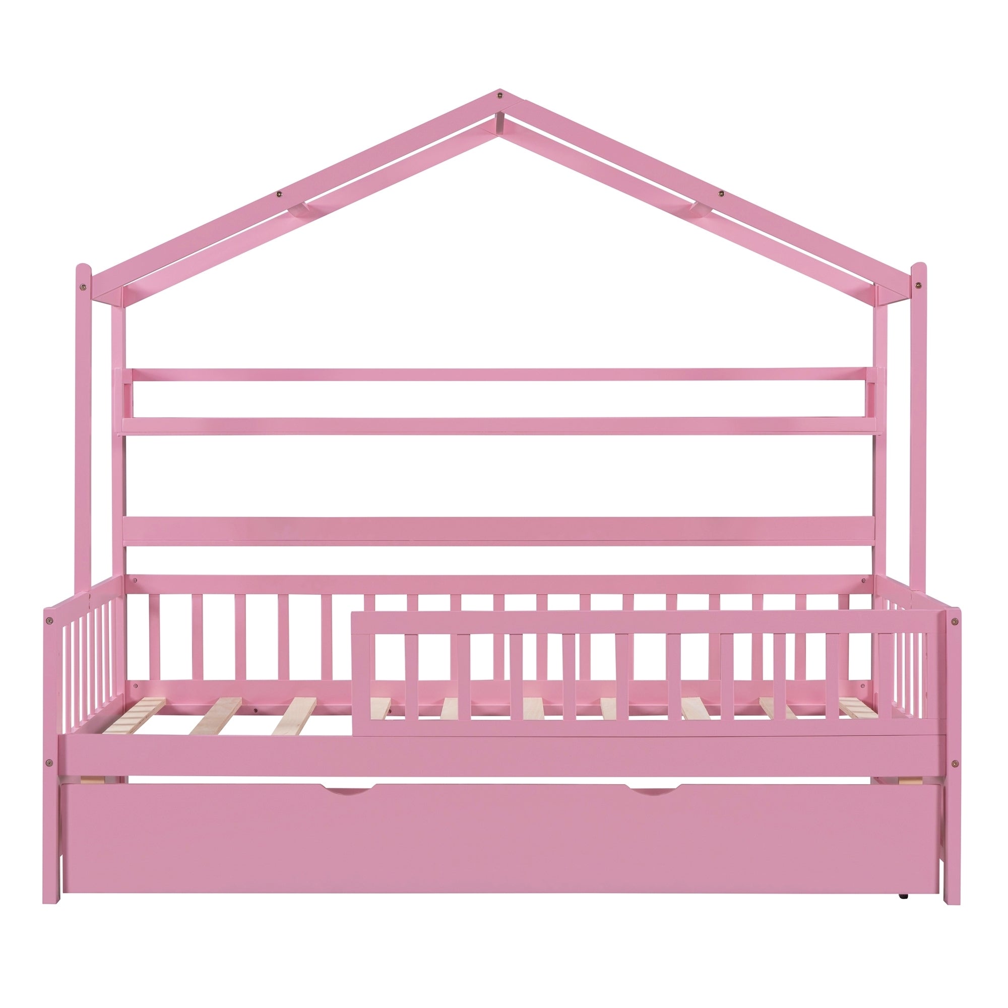 Wooden Twin Size House Bed with Trundle,Kids Bed with Shelf, Pink - Atlantic Fine Furniture Melbourne FL