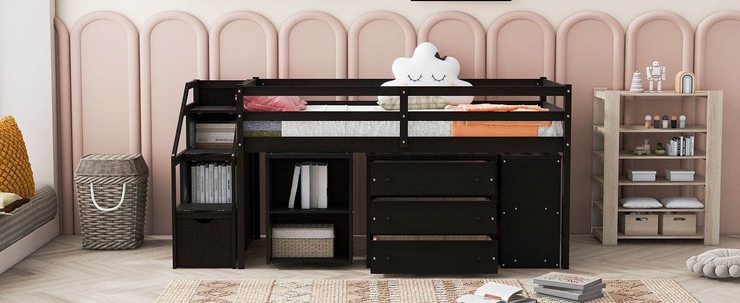 Twin Size Loft Bed with Retractable Writing Desk and 3 Drawers, Wooden Loft Bed with Storage Stairs and Shelves, Espresso - Atlantic Fine Furniture Melbourne FL