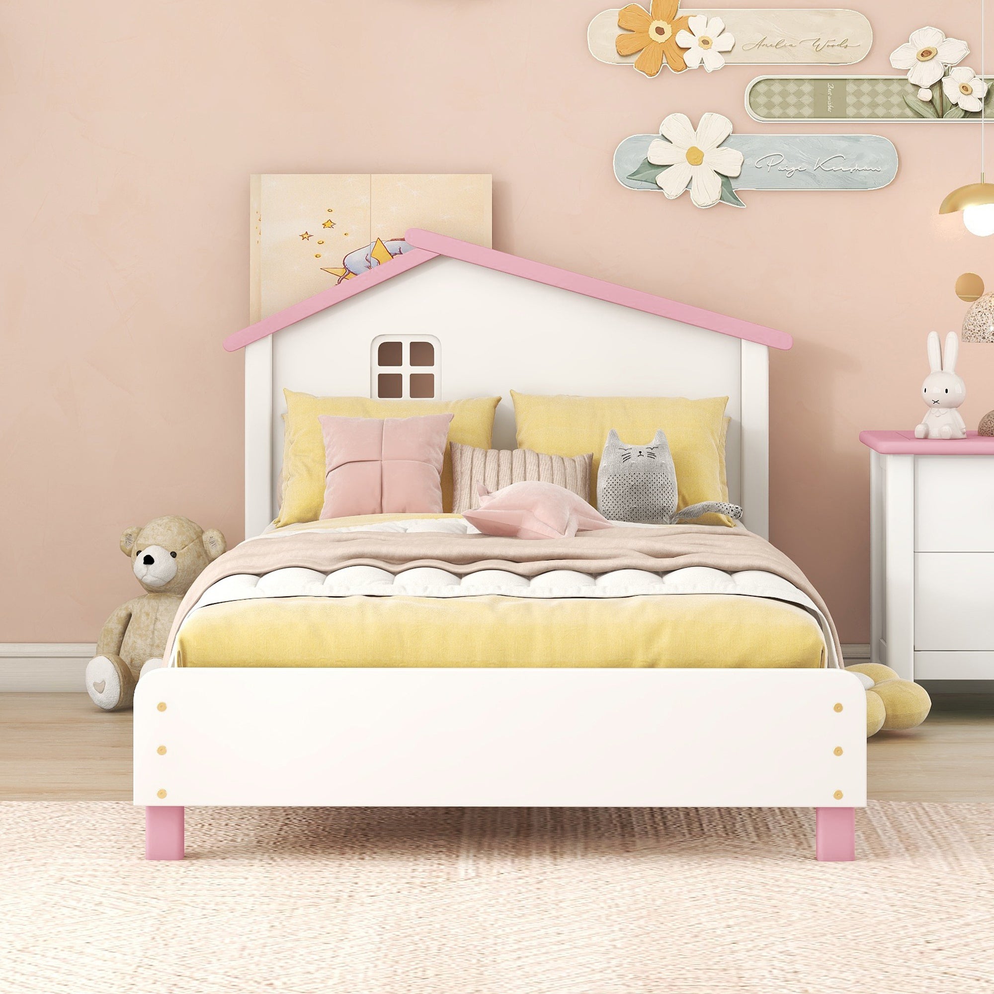 Twin Size Wood Platform Bed with House-shaped Headboard (White+Pink)