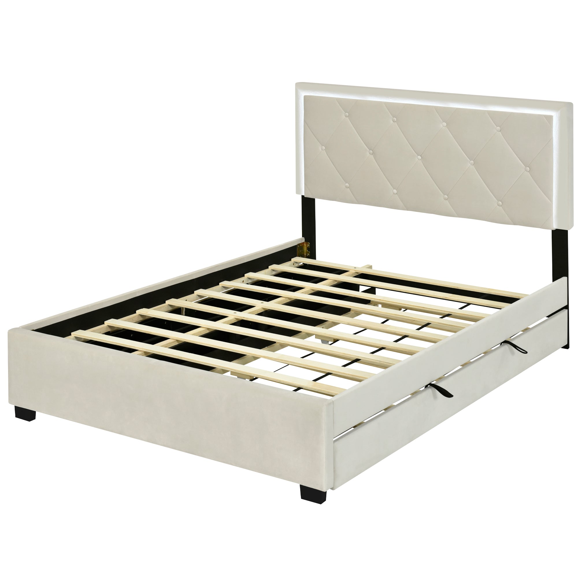 Full Size Velvet Storage Platform Bed, with 2 Big Drawers, T Size Trundle and LED Light, Beige - Atlantic Fine Furniture Melbourne FL