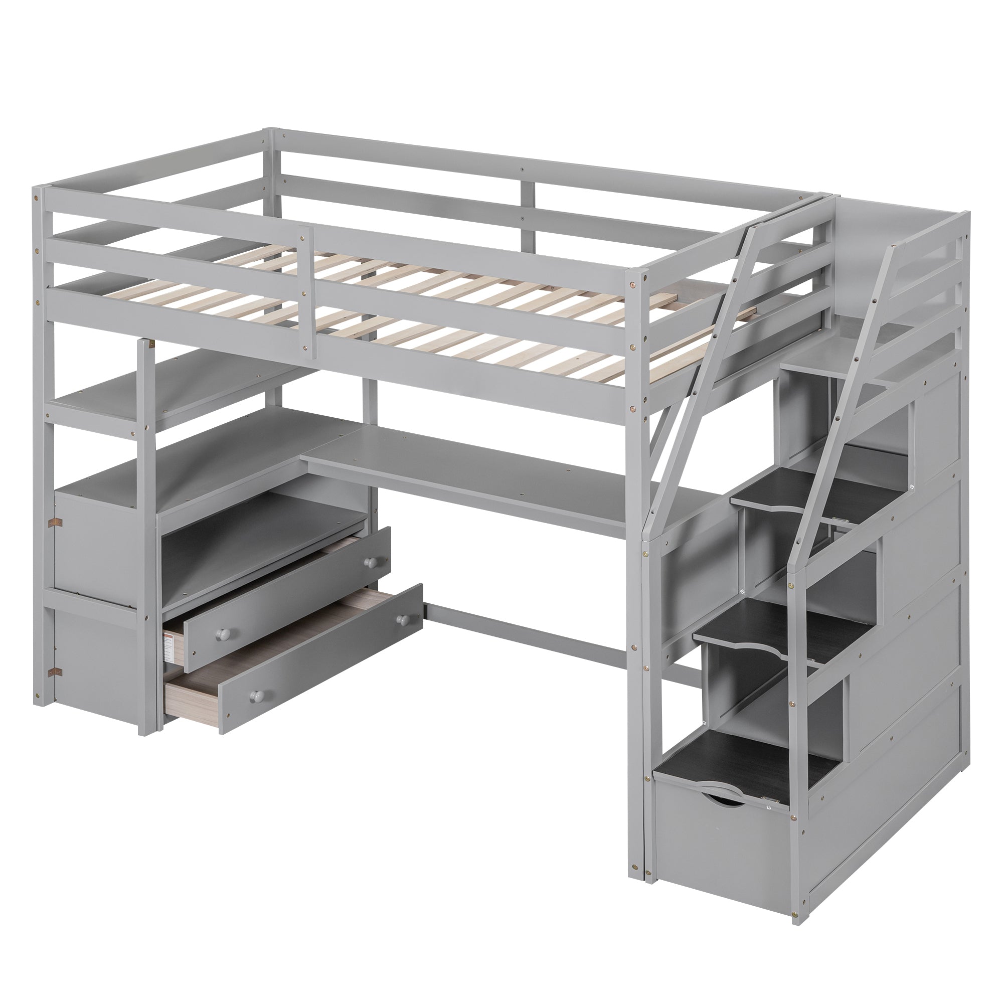 Twin Size Loft Bed with Desk and Shelves, Two Built-in Drawers, Storage Staircase, Gray - Atlantic Fine Furniture Melbourne FL